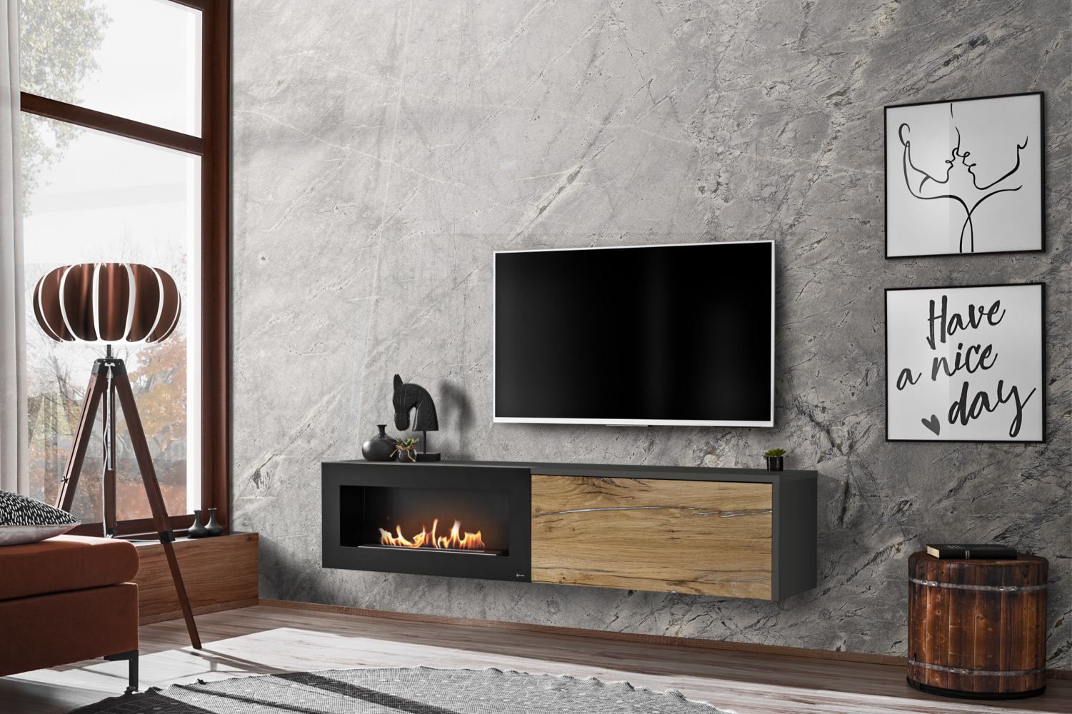 Meuble TV sobre avec cheminée électrique Bjordal 19, Couleur : Blanc mat /  Chêne sterling - Dimensions : 45 x 180 x 40 cm (h x l x p), avec fonction  push-to-open