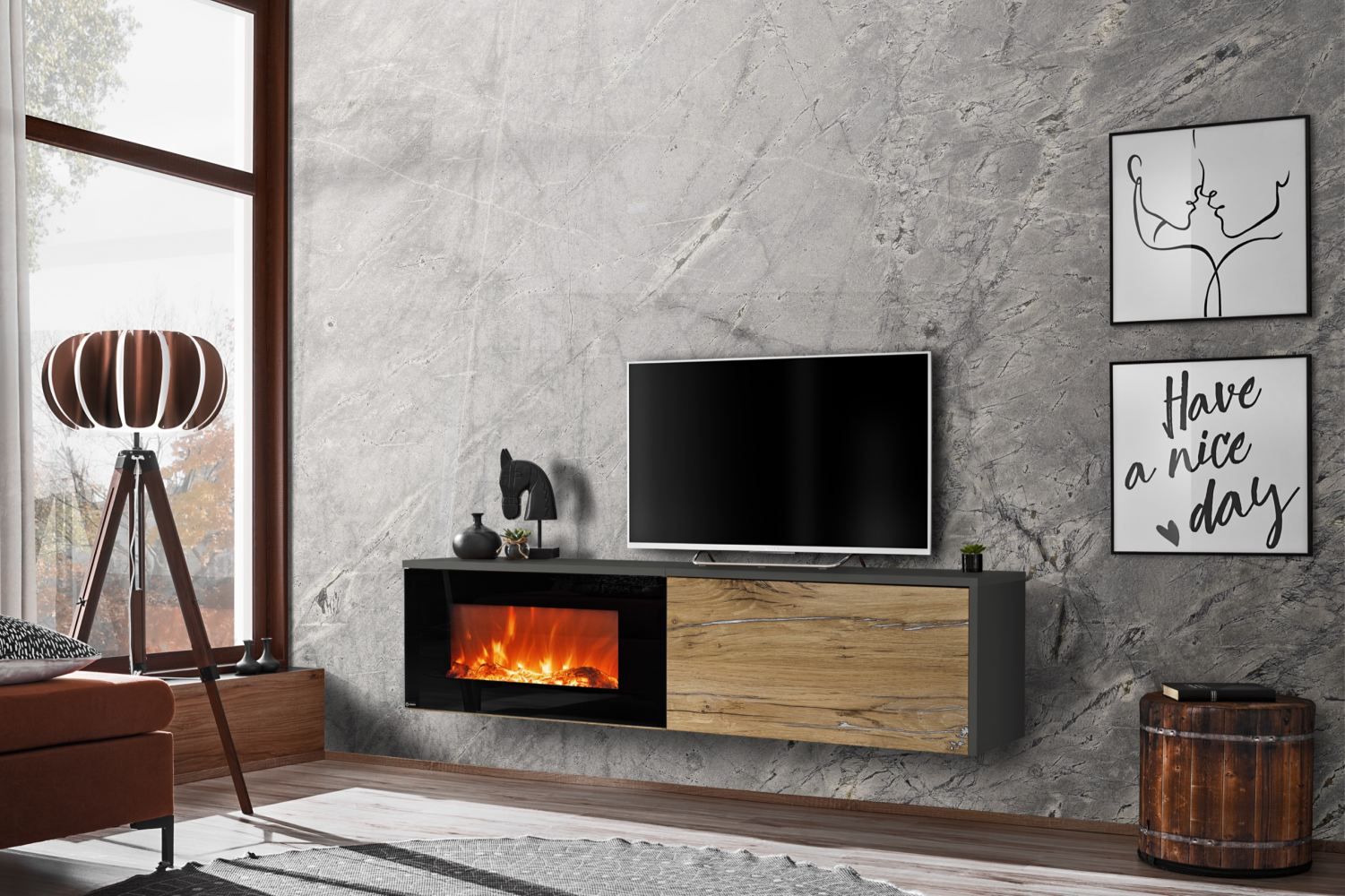Meuble TV sobre avec cheminée électrique Bjordal 19, Couleur