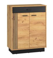 Armoire à chaussures Lautela 05, Couleur : Chêne / Noir - Dimensions : 91 x 70 x 34 cm (h x l x p), avec 1 tiroir, 2 portes et 4 compartiments