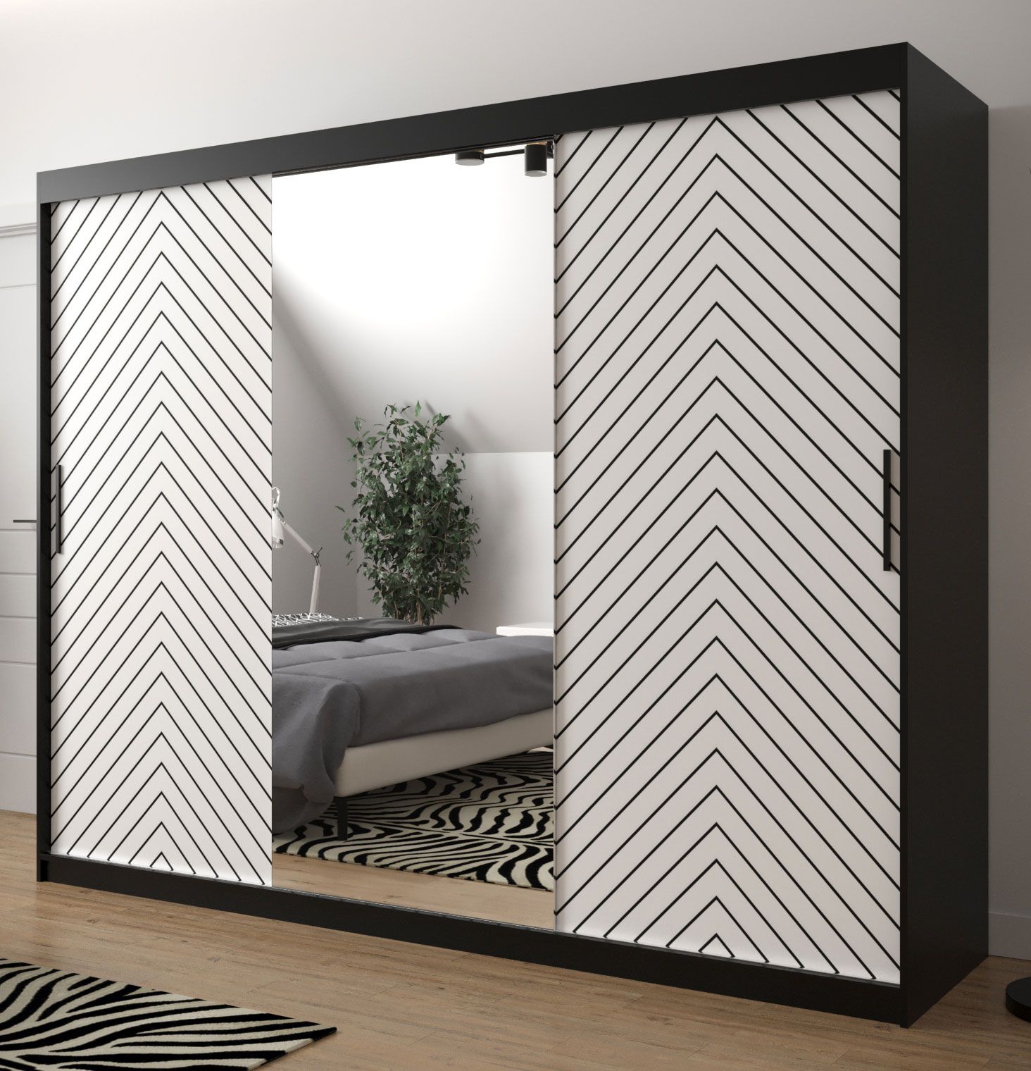 Armoire grand format au design moderne Mulhacen 108, Couleur : Noir mat / Blanc mat - Dimensions : 200 x 250 x 62 cm (h x l x p), avec 10 compartiments et deux tringles à vêtements