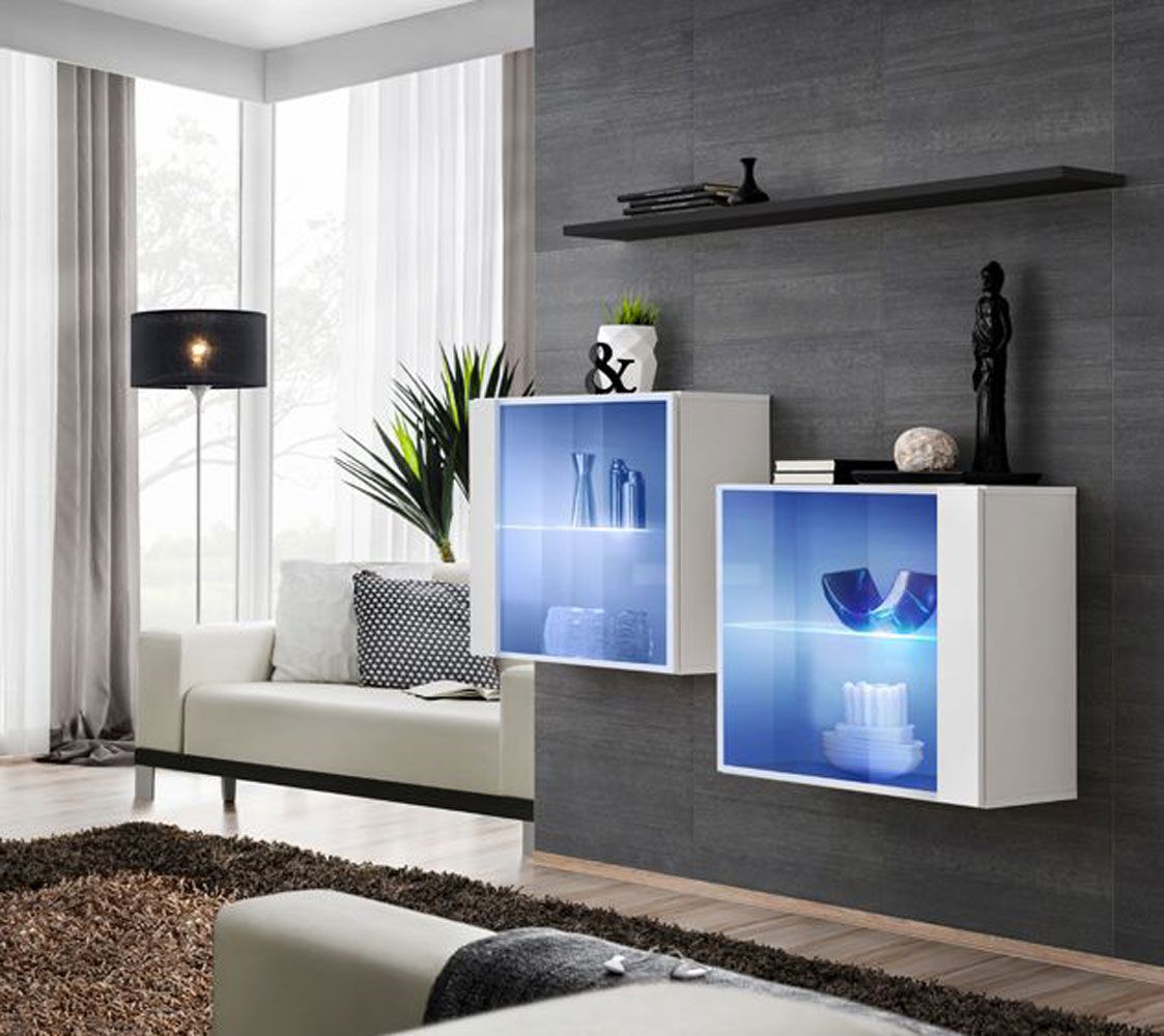 Deux élégantes vitrines suspendues avec tablette murale Balestrand 358, Couleur : Blanc / Noir - dimensions : 110 x 130 x 30 cm (h x l x p), avec éclairage LED