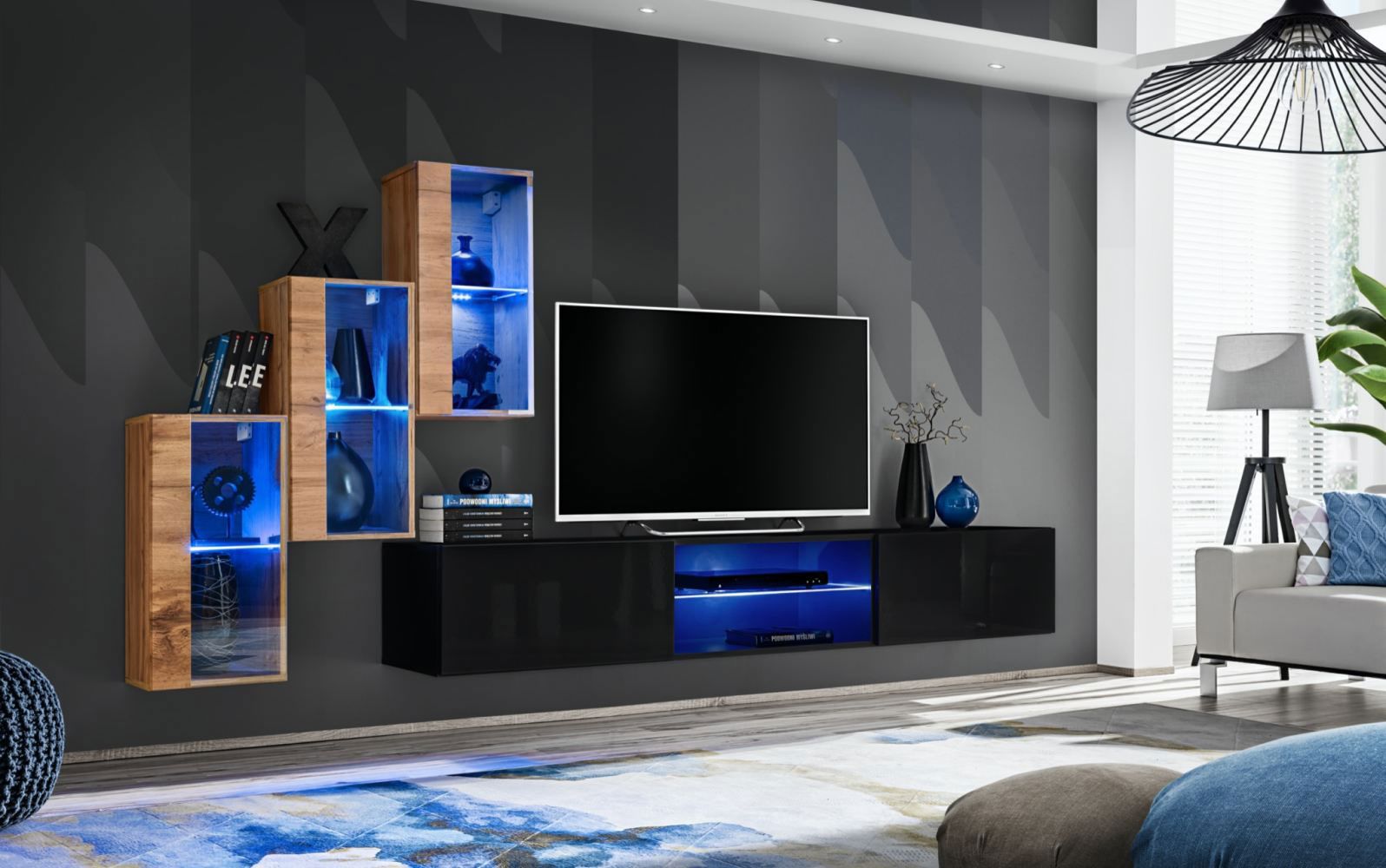 Mur de salon au design élégant Volleberg 29, Couleur : Chêne wotan / Noir - dimensions : 120 x 210 x 40 cm (h x l x p), avec éclairage LED bleu