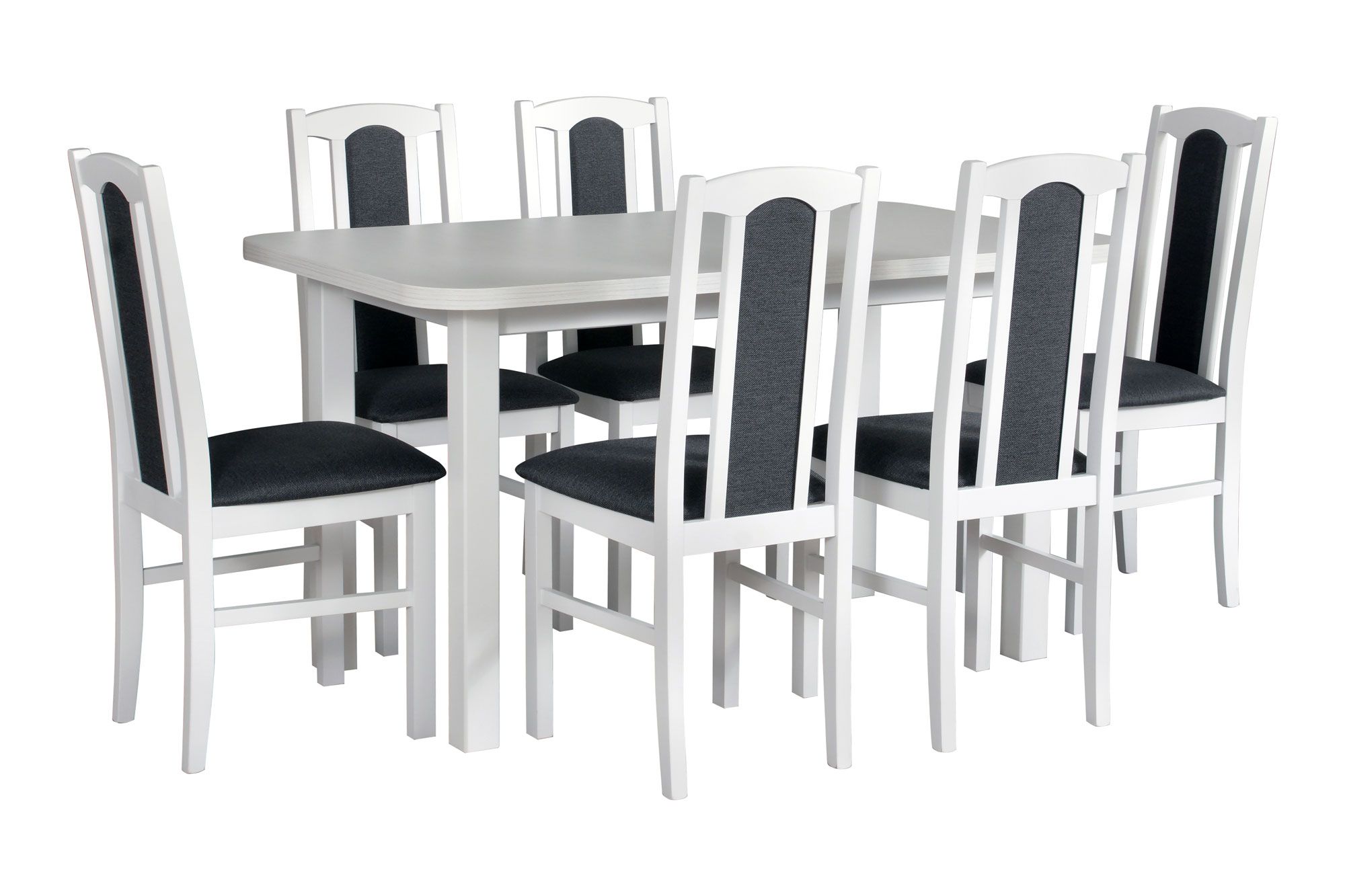 Salle à manger complète - Set C, 7 - pièces, 6 chaises en bois massif, couleur du bois : blanc, table robuste, sensation d'assise confortable, design moderne et simple