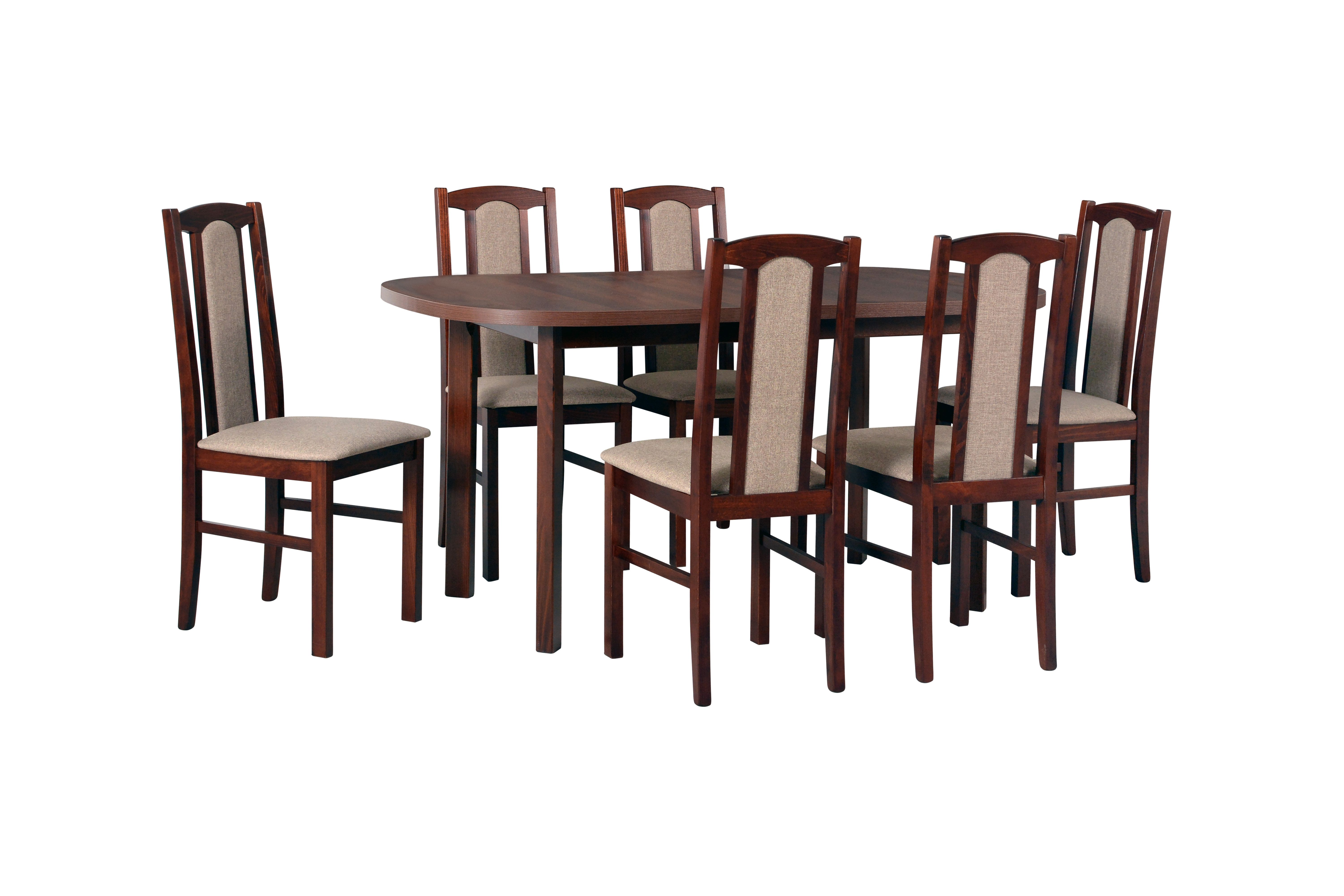 Salle à manger complète - Set D, 7 - pièces, couleur du bois : noyer, design intemporel, place pour 6 personnes, table robuste, chaises en bois massif, rembourrage confortable