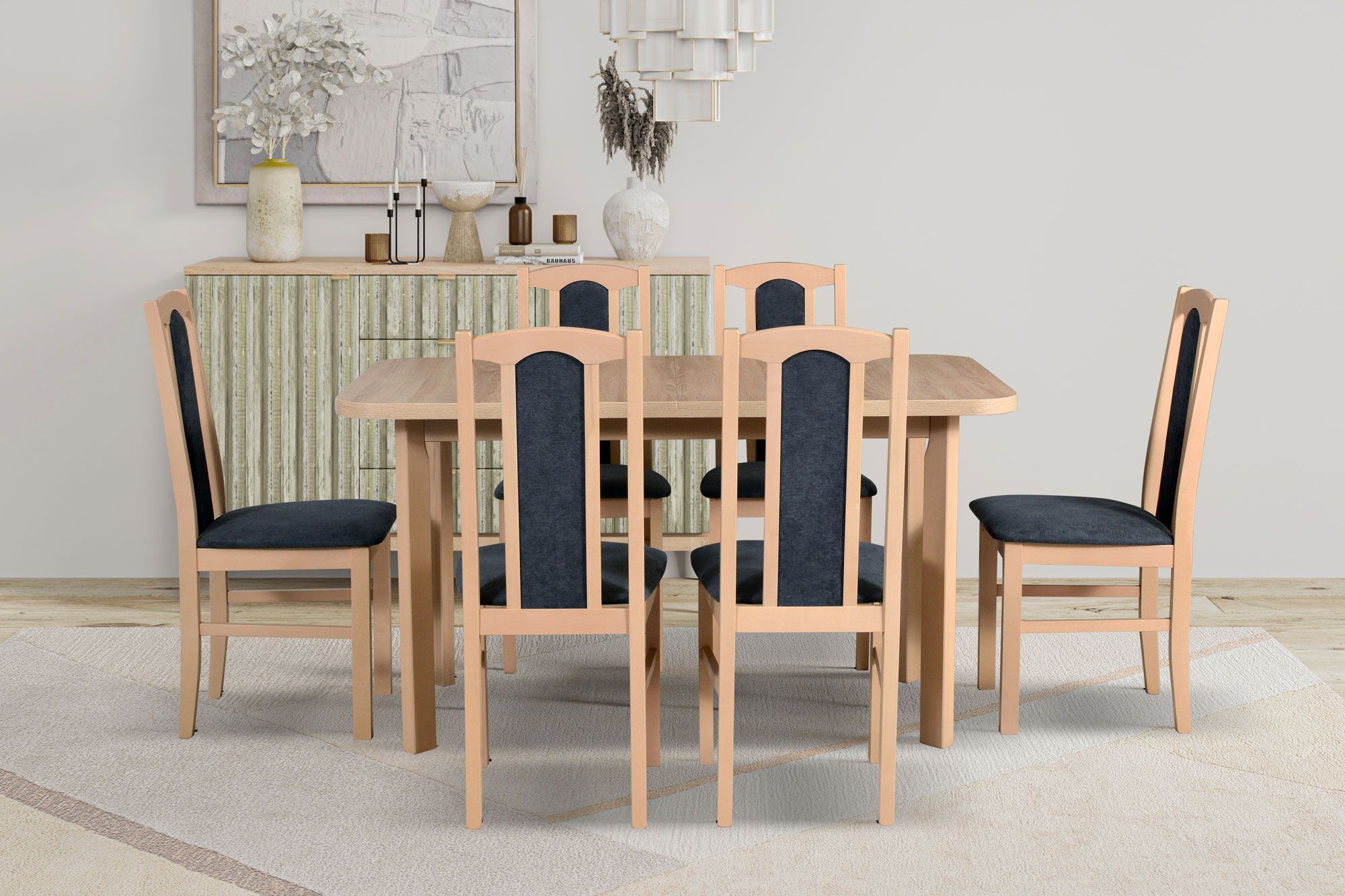 Salle à manger complète - Set E, 7 - pièces, couleur du bois : chêne, design exclusif, très bonne stabilité, 6 chaises en bois massif, rembourrage doux, facile d'entretien