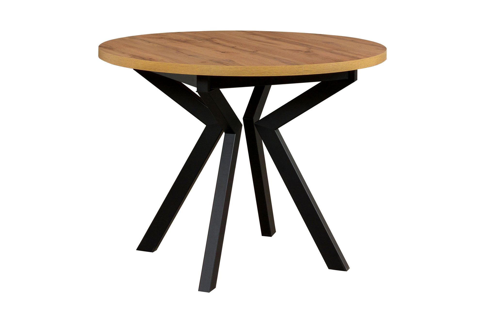 Table de salle à manger ronde BAIB en noir/chêne, dimensions Ø 100, hauteur du plateau 32 mm, surface plaquée, pieds en métal, robuste, bois de qualité supérieure