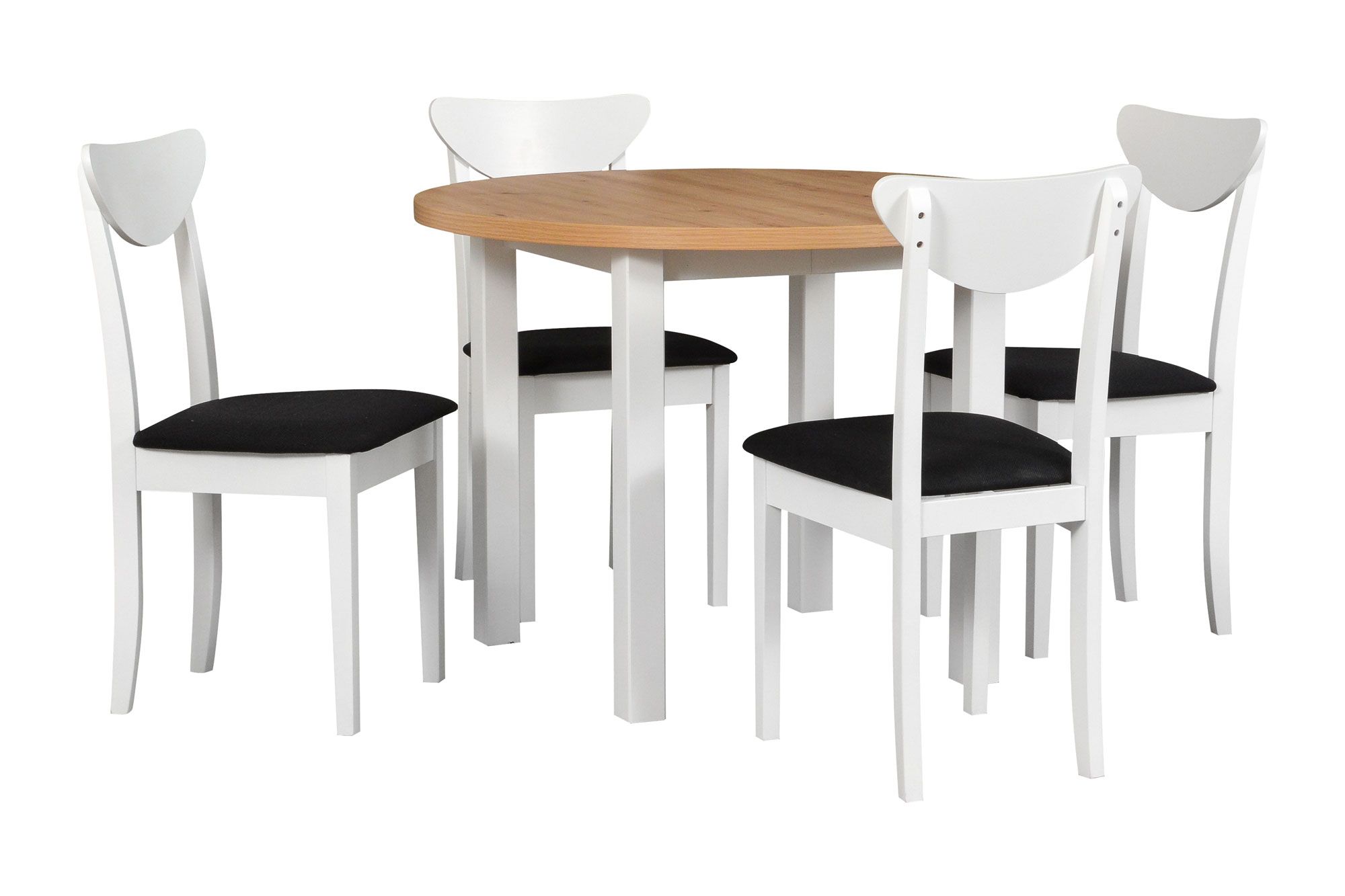 Salle à manger complète - Ensemble N, 5 - pièces, table ronde en bois extensible, 4 chaises en bois avec rembourrage, couleur du bois : blanc/chêne, couleur du tissu : noir