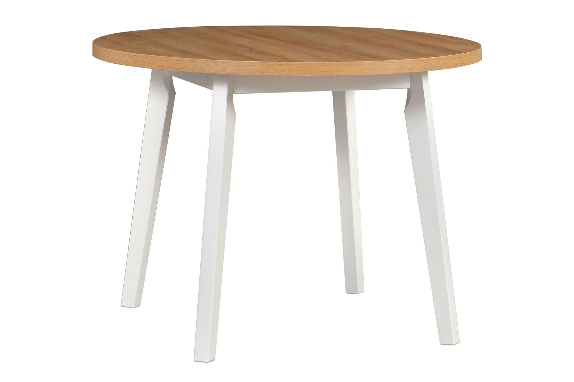 Table de salle à manger ronde ANDRA en blanc/chêne, à rallonges, dimensions Ø 100/130 (H x P), hauteur du plateau de table 32 mm, plateau de table laminé résistant aux rayures, pieds en bois