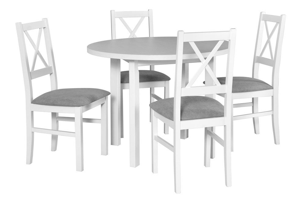 Salle à manger - Set V, 5 - pièces, design simple, table ronde en blanc, 4 chaises en bois blanc avec rembourrage gris, plateau de table laminé