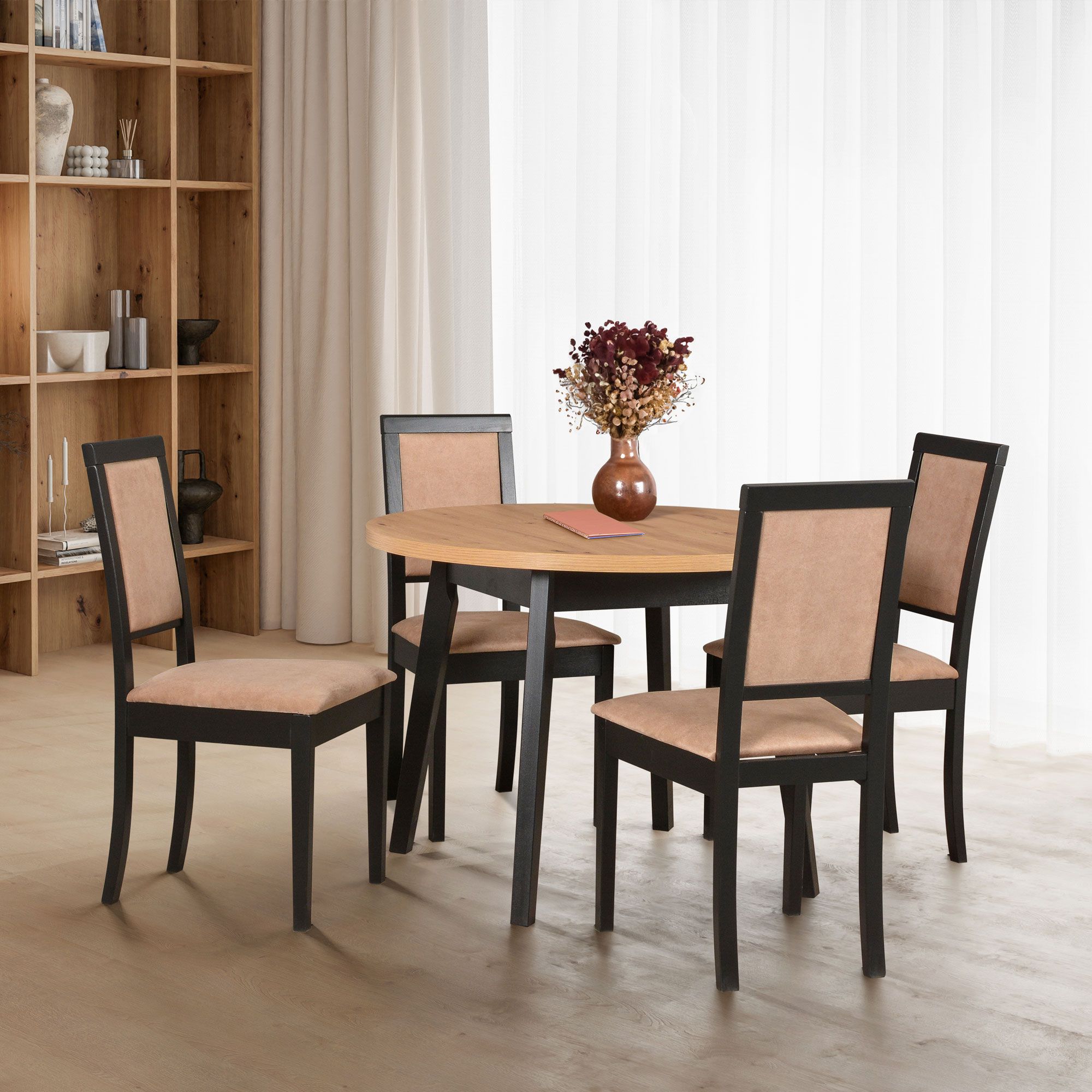 Salle à manger - Set Y, 5 - pièces, Table de salle à manger ronde en noir/chêne, 4 chaises en bois assorties, rembourrage confortable et doux, plateau de table en stratifié