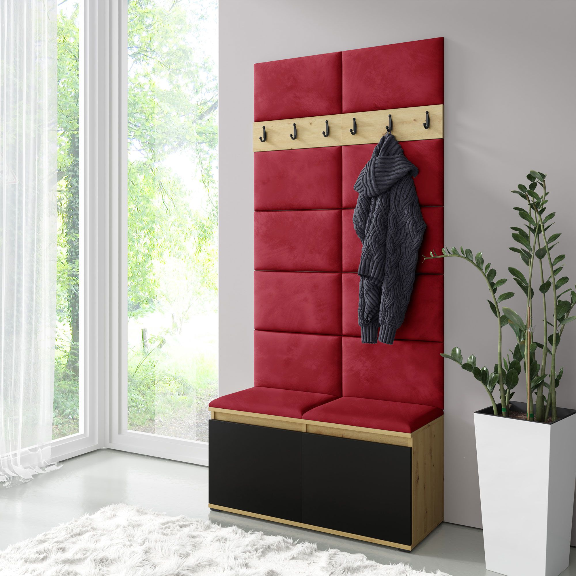 Vestiaire 01 de 1 mètre de large avec banc rembourré, pour 8 paires de chaussures, Artisan/Noir/Rouge Ruby, 215 x 100 x 40 cm, 6 patères, 4 grands casiers