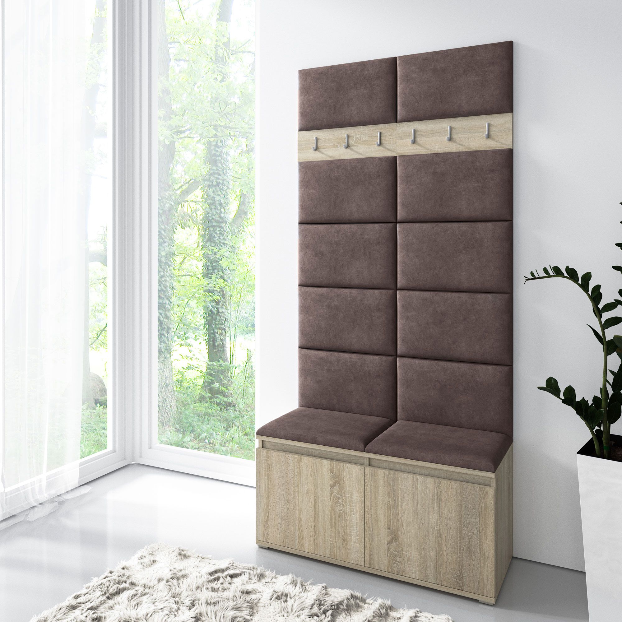 Vestiaire 01 avec panneaux rembourrés, armoire à chaussures pour 8 paires de chaussures, Chêne de Sonoma/marron foncé, 215 x 100 x 40 cm, 6 patères, 4 compartiments