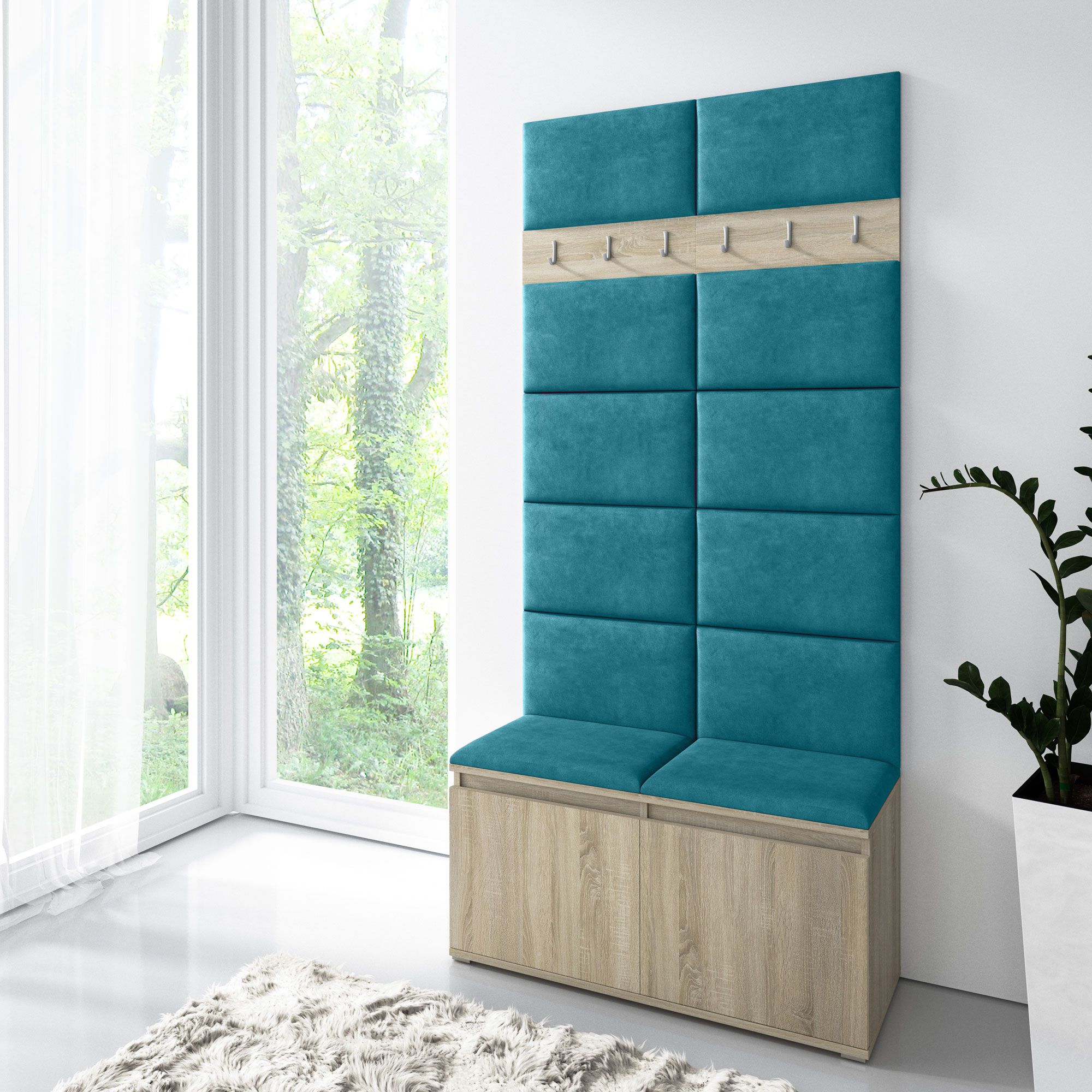 Vestiaire 01 pour l'entrée avec panneaux rembourrés pour banquette & mur, Chêne de Sonoma/Turquoise, 215 x 100 x 40 cm, pour 8 paires de chaussures, 6 patères, 4 compartiments