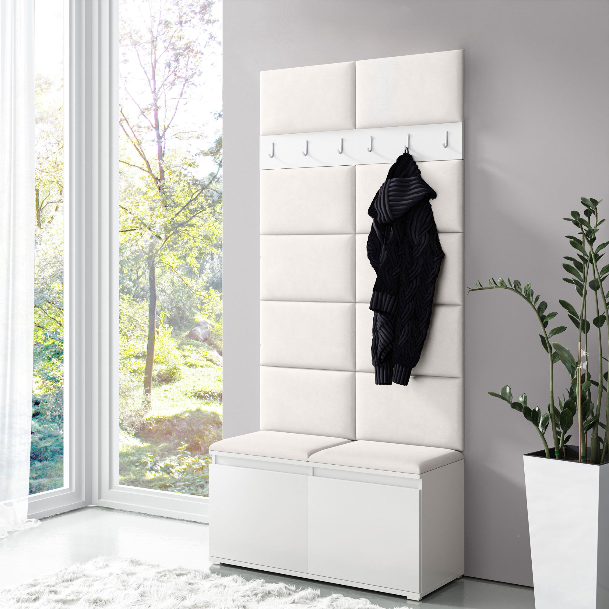 Vestiaire 01 avec banc et mur rembourré, blanc/crème, 215 x 100 x 40 cm, armoire à chaussures pour 8 paires de chaussures, 6 patères, 4 compartiments