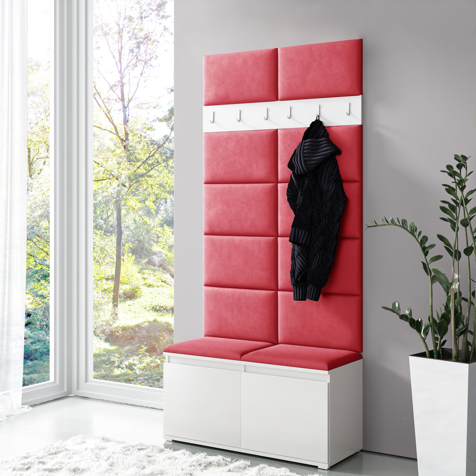 Vestiaire étroit 01 avec banc rembourré, Couleur : Blanc/Rouge, 215 x 100 x 40 cm, pour 8 paires de chaussures, 6 patères, 4 compartiments