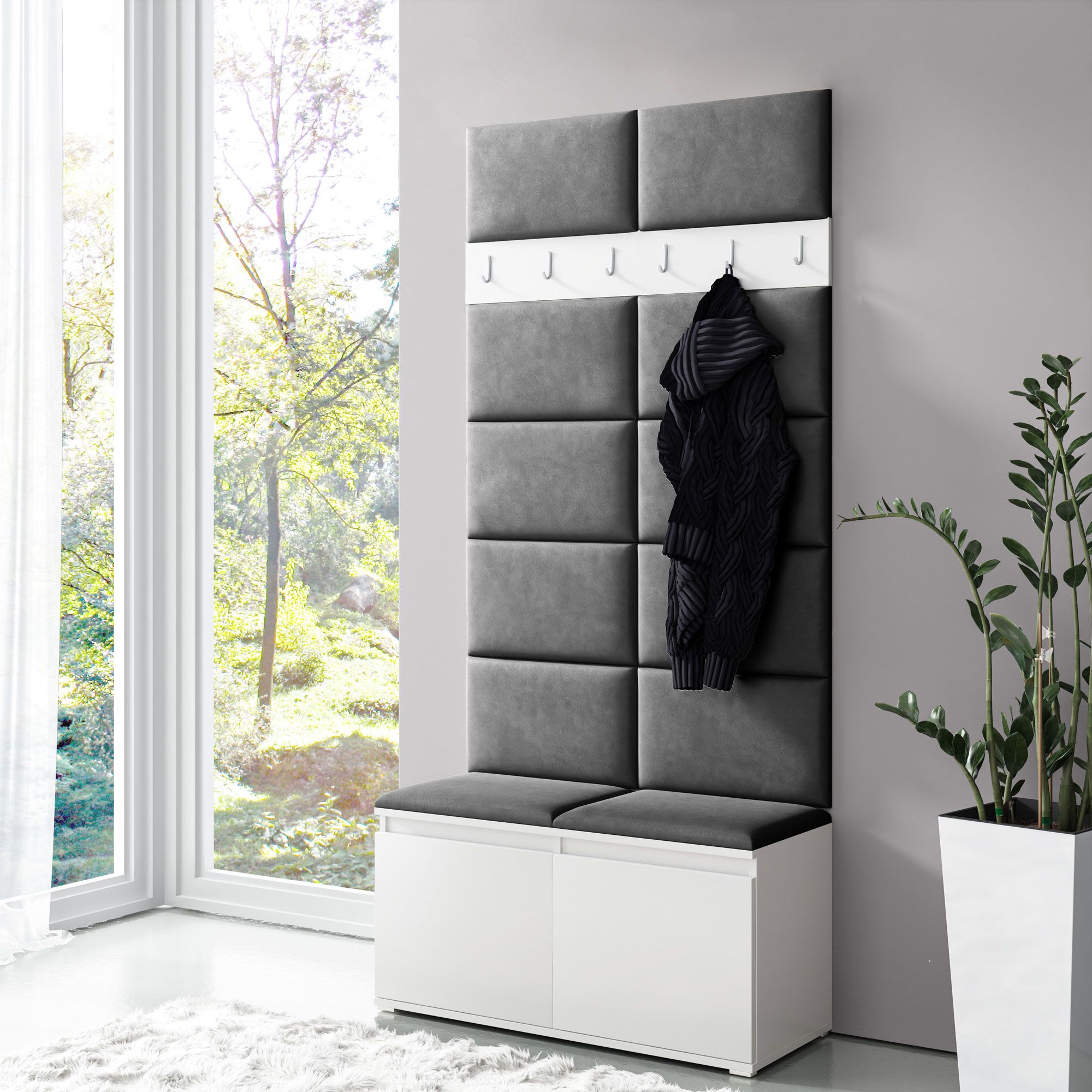 Vestiaire étroit / Penderie 01 avec banc & mur rembourré, Blanc/Noir clair, 215 x 100 x 40 cm, pour 8 paires de chaussures, 6 patères, 4 compartiments