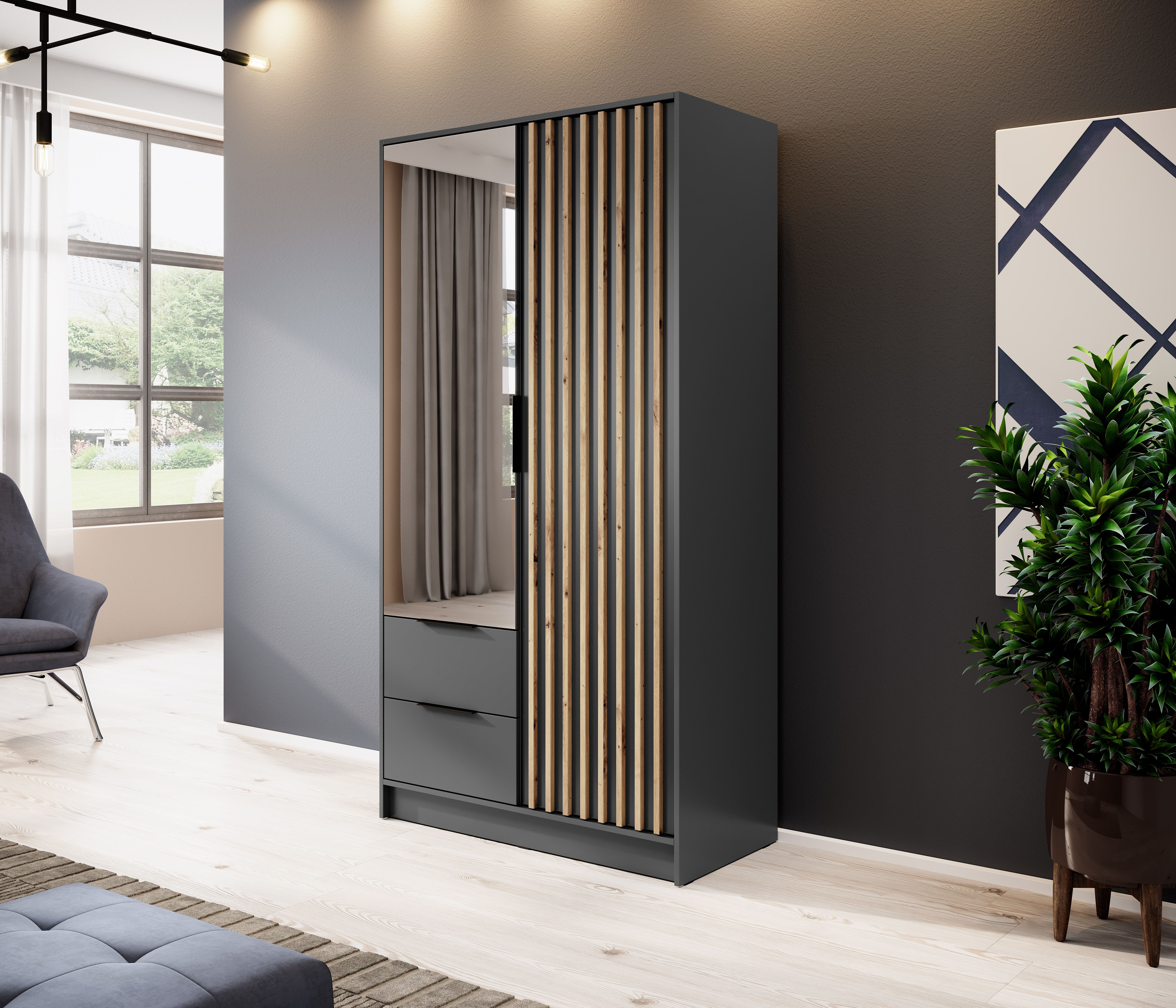 Armoire avec une porte miroir Leeds 08, couleur : graphite - dimensions : 200 x 105 x 51 cm (h x l x p)