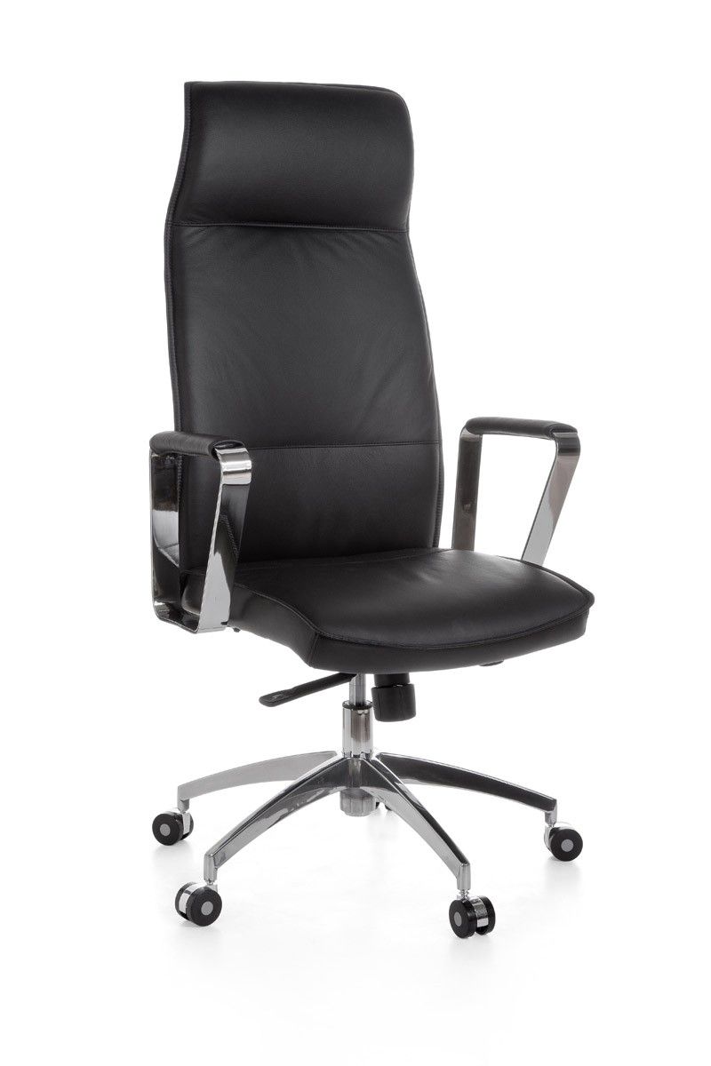 Siège de bureau XXL Apolo 21 en cuir véritable, Noir/Chrome, fonction anti-choc, Mécanisme synchrone à 5 niveaux, Hauteur réglable de 44 à 53 cm par lift à gaz