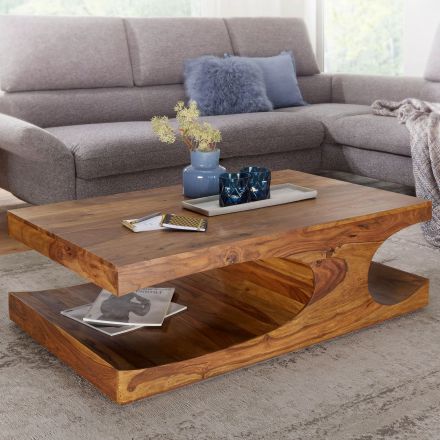 Table de salon de forme extravagante en bois massif de Sheesham, Couleur : Sheesham - Dimensions : 38 x 70 x 118 cm (H x L x P), fabriqué à la main