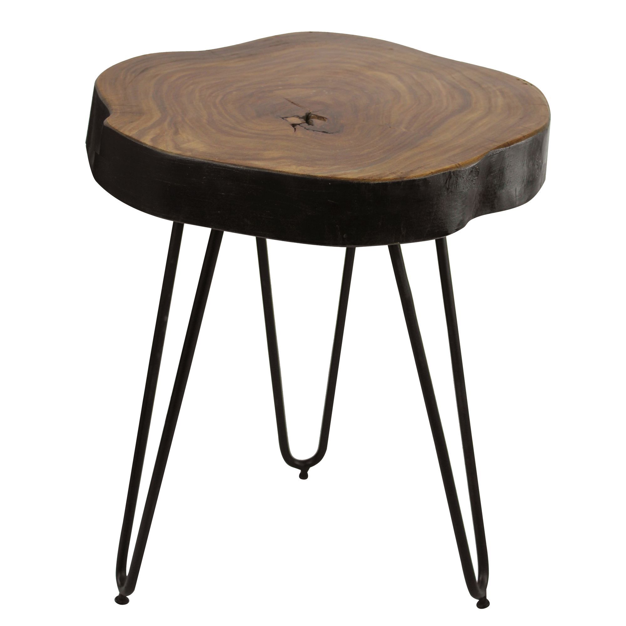 Table d'appoint avec aspect bord d'arbre, en bois massif de sheesham, Couleur : Sheesham / Noir - dimensions : 46 x 35 x 35 cm (h x l x p), avec veinage unique