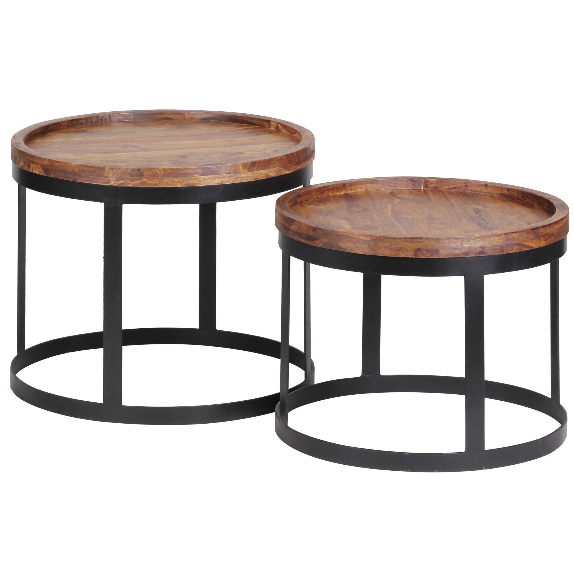 Table d'appoint ronde en 2 parties en bois massif de sheesham, Couleur : Sheesham / Noir - Dimensions : 40 x 48 x 48 cm (H x L x P), avec bord surélevé