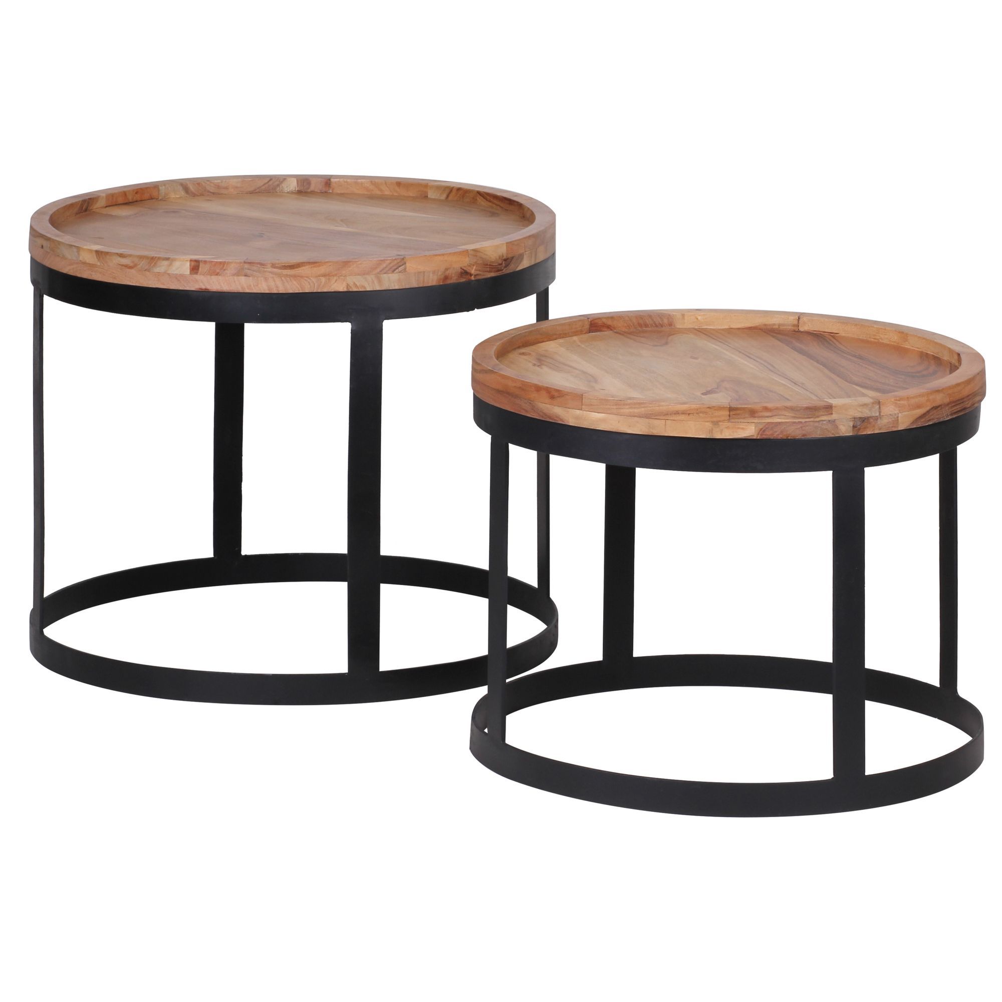 Table d'appoint ronde en 2 parties en bois massif d'acacia, Couleur : Acacia / Noir - dimensions : 40 x 48 x 48 cm (h x l x p), avec bord surélevé