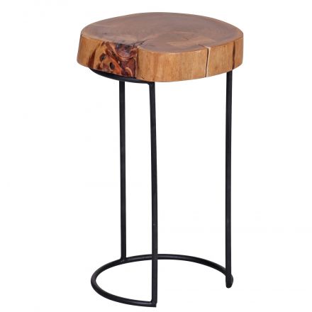 Table d'appoint faite main en bois massif d'acacia, Couleur : Acacia / Noir - Dimensions : 45 x 28 x 28 cm (h x l x p), plateau de table en forme de tronc d'arbre