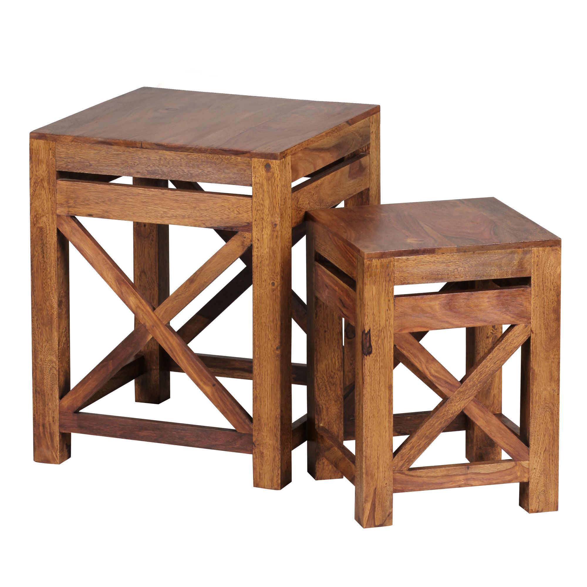 Set de 2 tables d'appoint faites main en bois massif de sheesham, Couleur : Sheesham - Dimensions : 50 x 40 x 40 cm (h x l x p), emboîtable