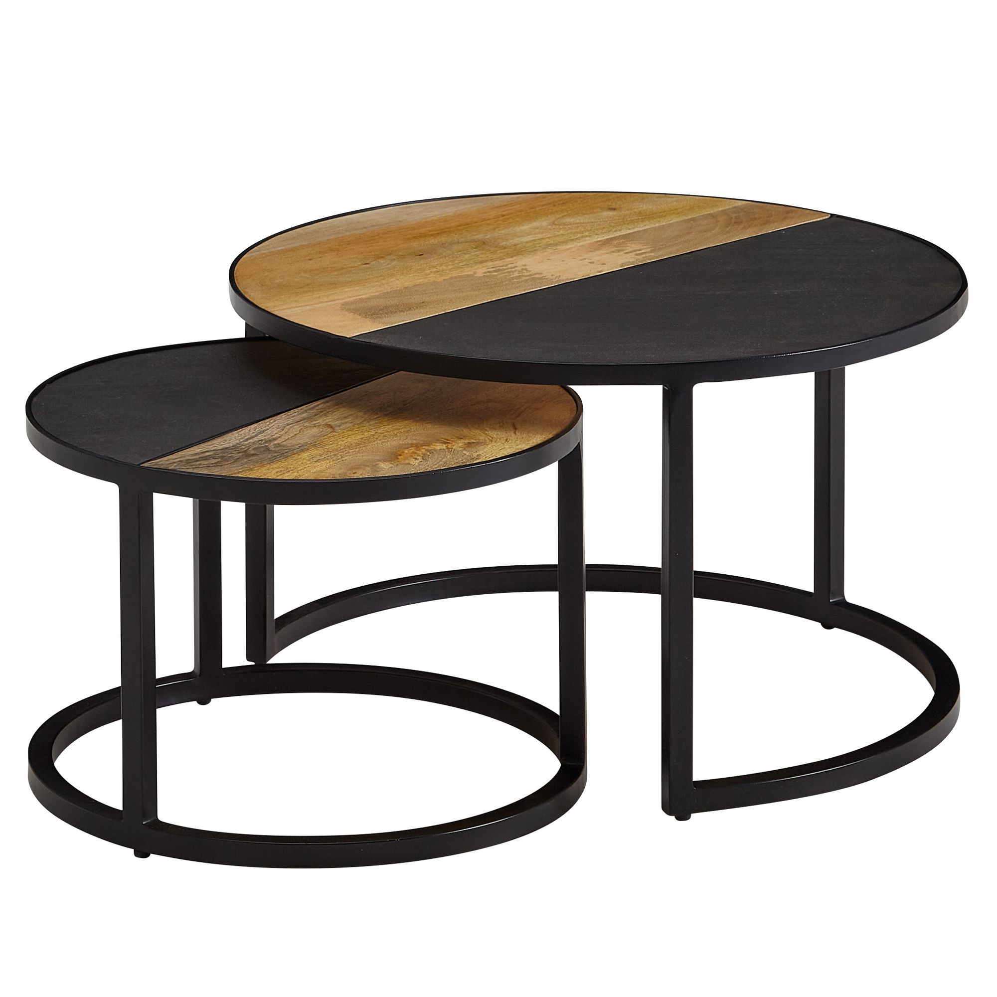 Table de salon, set de 2 tables rondes, Couleur : Noir / Manguier, massif partiel - Dimensions : 60 x 60 x 36 cm et 44 x 44 x 31 cm (L x P x H)