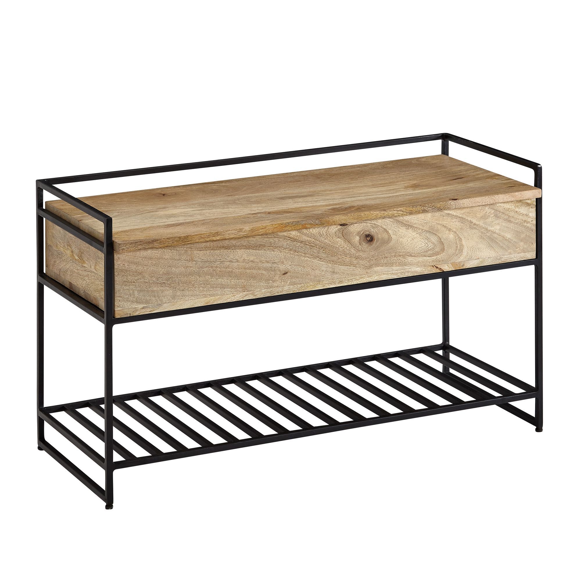 Banc avec espace de rangement en bois massif de manguier, couleur : Manguier / Noir - dimensions : 52 x 90 x 38 cm (h x l x p)