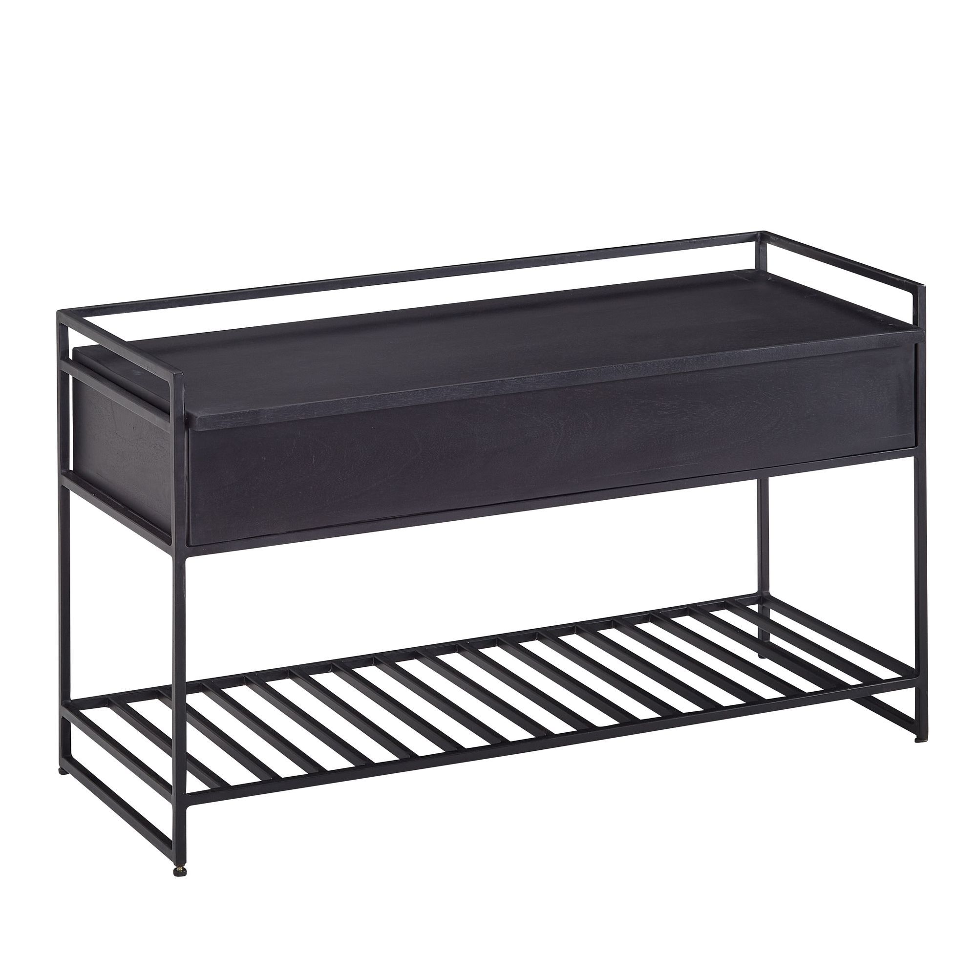 Banc avec espace de rangement en bois massif de manguier, Couleur : Noir - Dimensions : 52 x 90 x 38 cm (H x L x P)