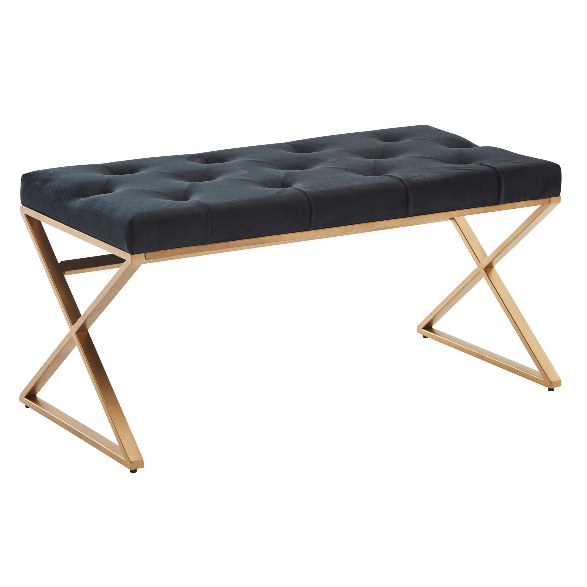 Banc carré en velours, Couleur : Noir / Or - dimensions : 46 x 90 x 44 cm (h x l x p)