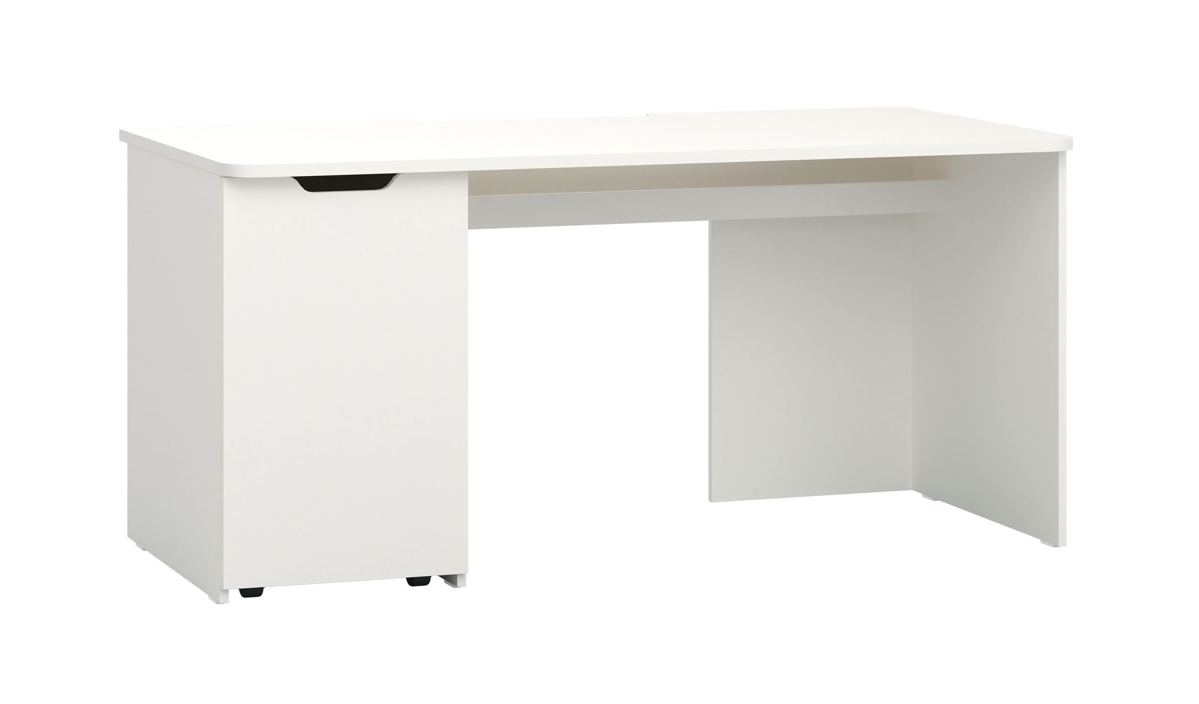 Heller Schreibtisch mit geräumigen Container Aenna 117, Farbe: Weiß, gespiegelt aufbaubar, Maße: 75 x 160 x 72,5 cm, modernes und einfaches Design