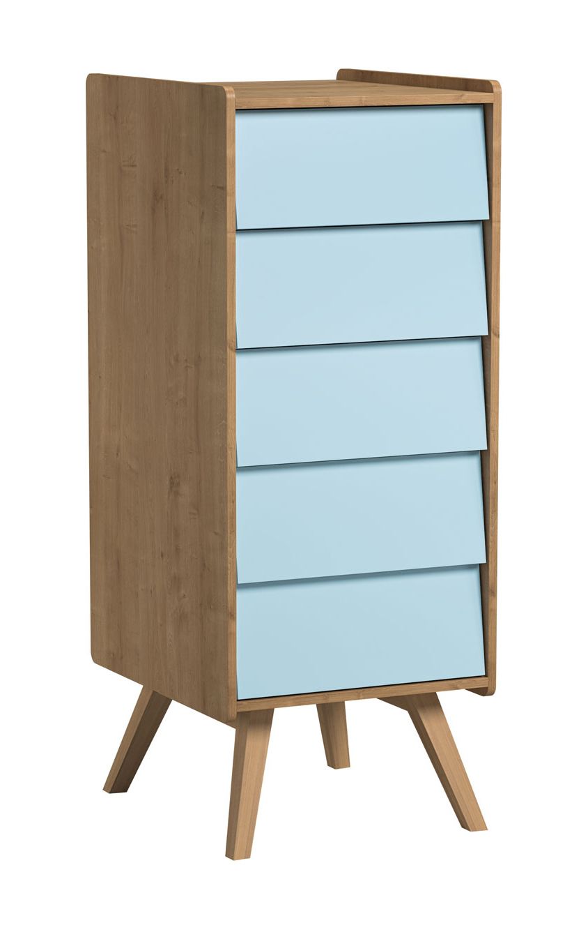 Commode Jorinde 11, couleur : chêne / bleu - Dimensions : 128 x 51 x 41 cm (h x l x p)