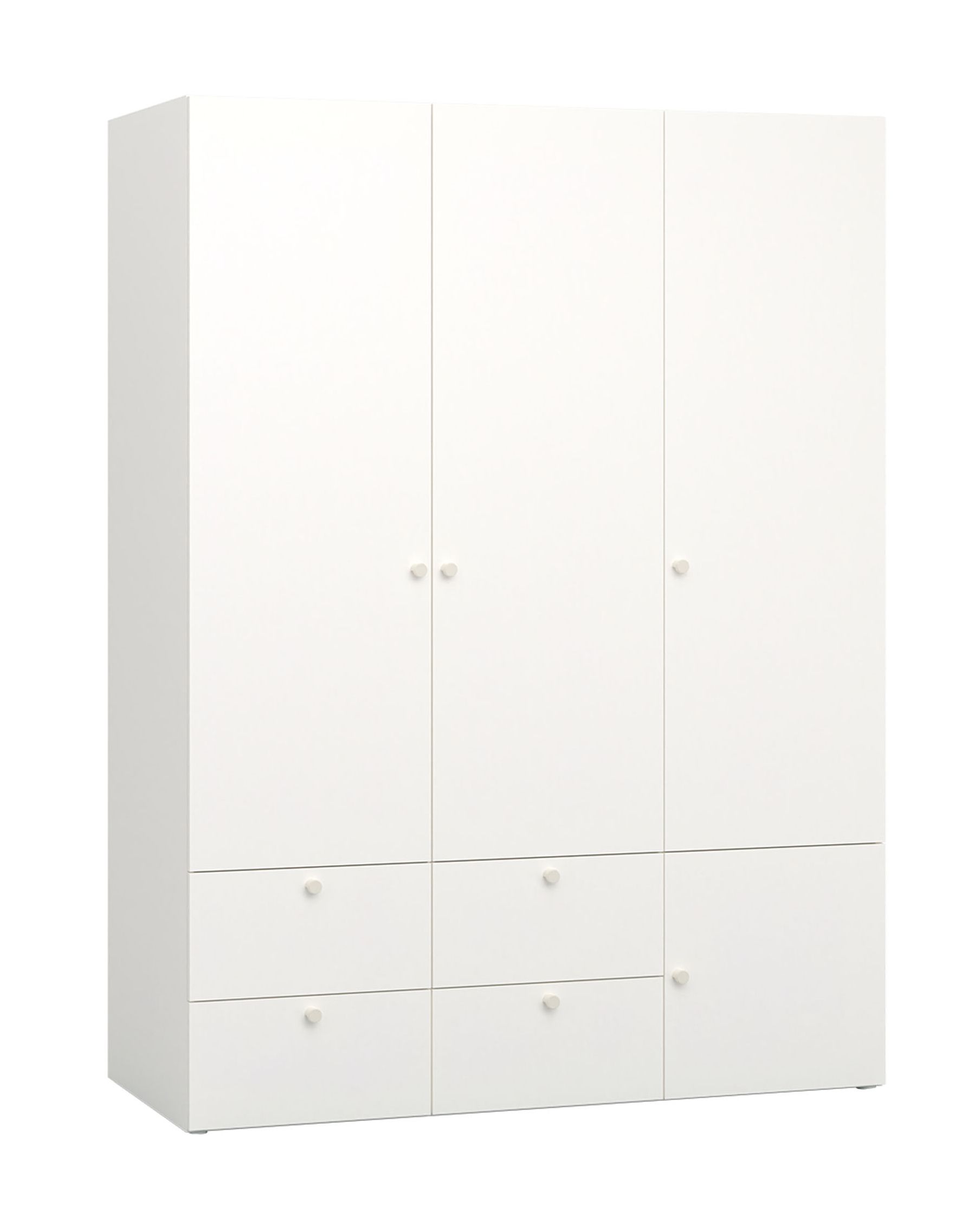 Drehtürenschrank / Kleiderschrank Aenna 14, Griffe: Weiß, modernes Design, vier Schubladen, Farbe: Weiß / Indigo, zwei Kleiderstangen, sechs Fächer, 1,5 Meter breit