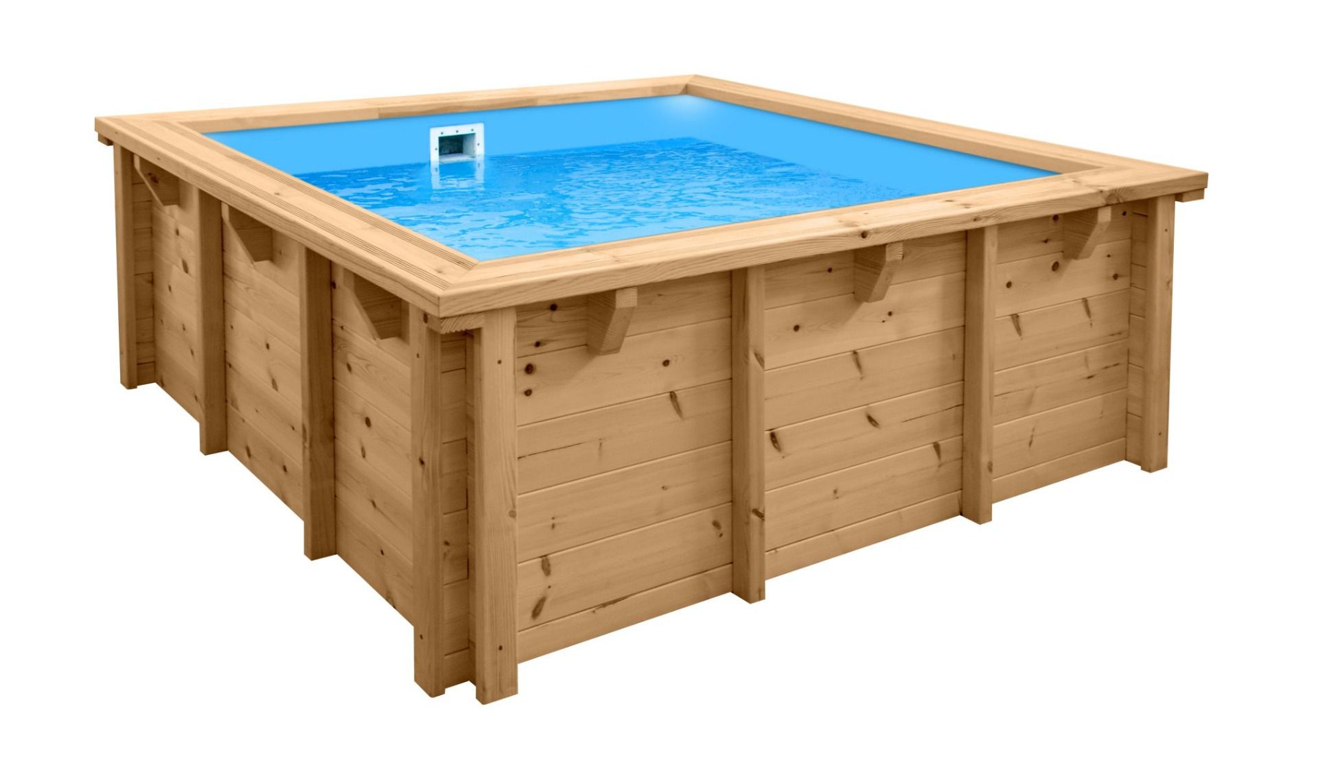 Piscine en bois moderne Sunnydream 01, 2,10 x 2,10 mètres, avec système de filtration Premium, média filtrant, bâche de piscine, voile de fond et voile mural, raccords d'angle en acier inoxydable
