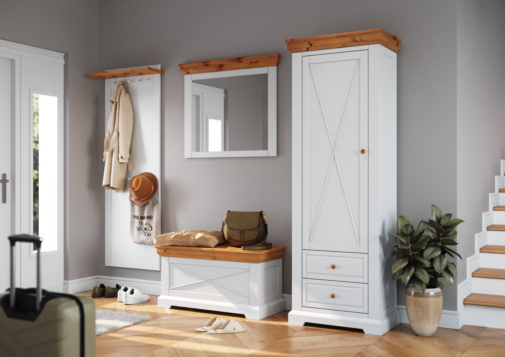 Set complet de vestibule C Bresle, 4 pièces, avec coffre, miroir, garde-robe, armoire en blanc / naturel, style campagnard, poignées rondes en bois