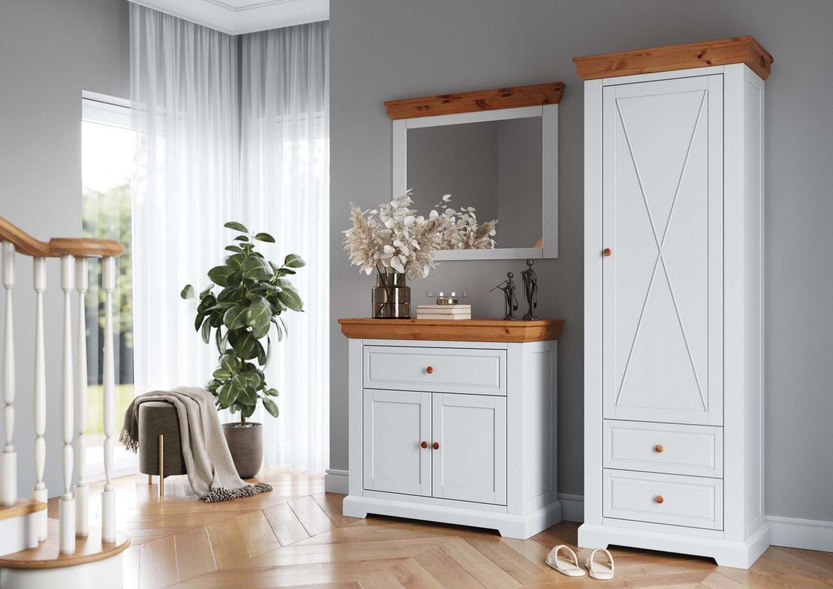 Set complet de vestibule D Bresle, 3 pièces, en blanc / naturel, pin massif, avec armoire à chaussures, miroir, armoire, poignées rondes en bois, finition de haute qualité