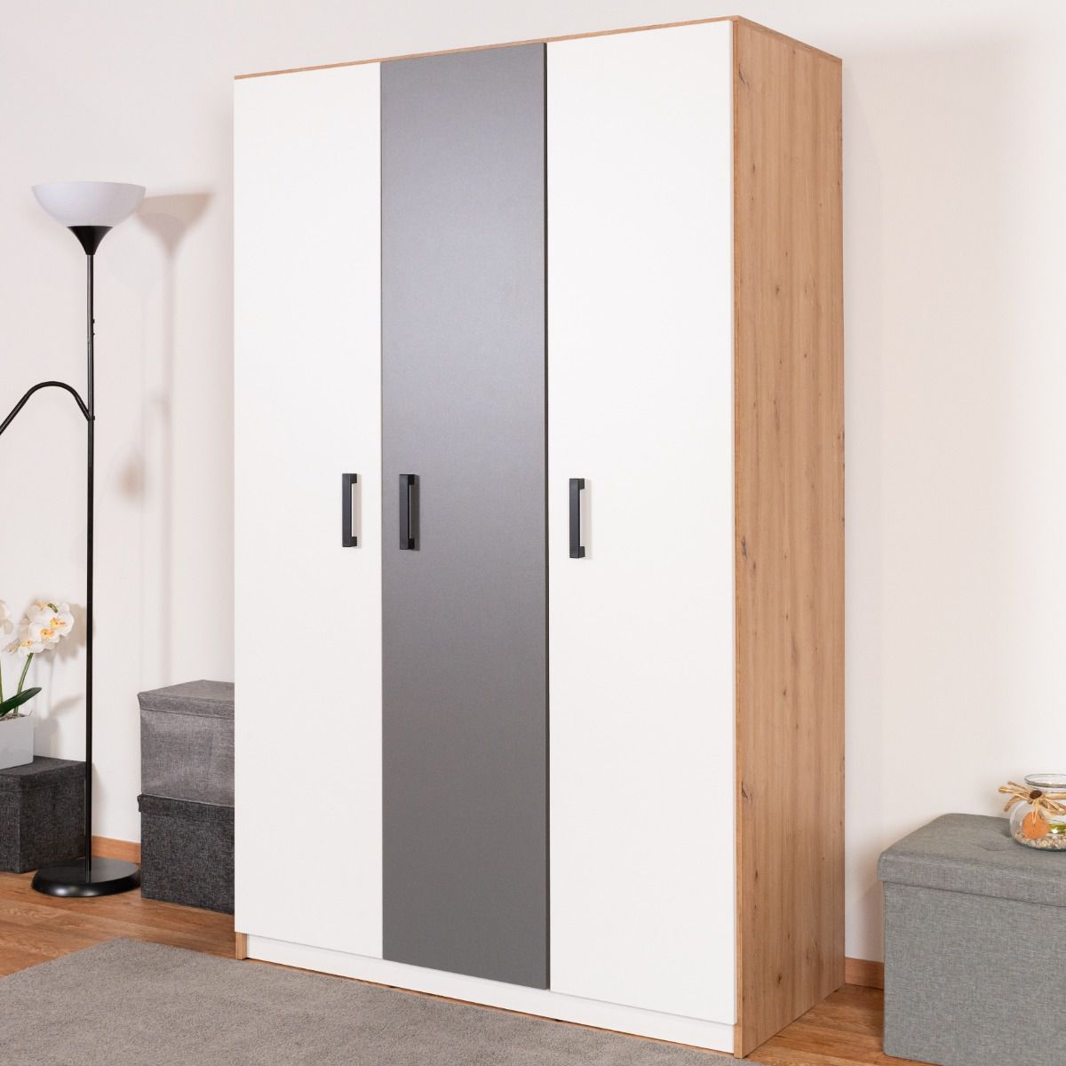 Chambre d'adolescents - Armoire à portes battantes / armoire Sallingsund 02, couleur : chêne / blanc / anthracite - Dimensions : 191 x 120 x 51 cm (H x L x P), avec 3 portes et 5 compartiments