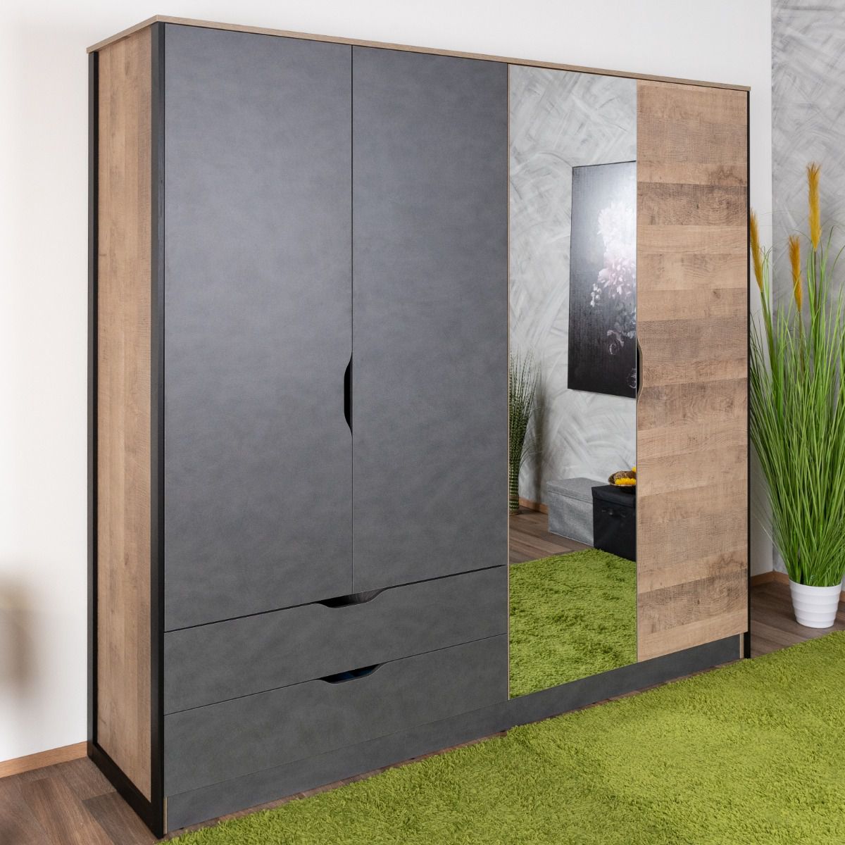 Armoire à portes battantes / Penderie Bassatine 06, Couleur : Chêne rustique / Gris / Noir - Dimensions : 204 x 220 x 56 cm (H x L x P)