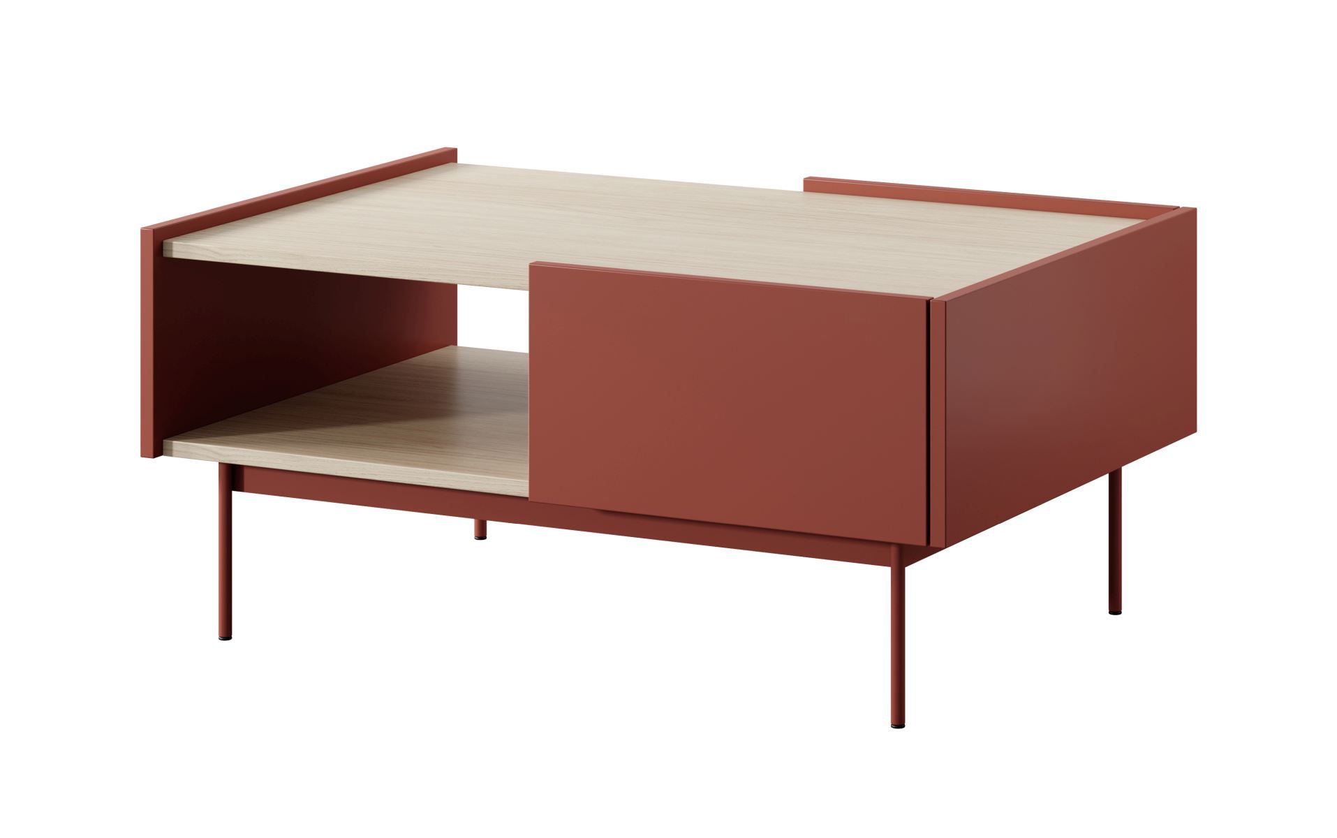 Table basse moderne Cascob 04, 97 x 65 x 45 cm, Rouge Céramique / Chêne, avec 2 tiroirs et un compartiment pratique, chants ABS, construction stable, robuste