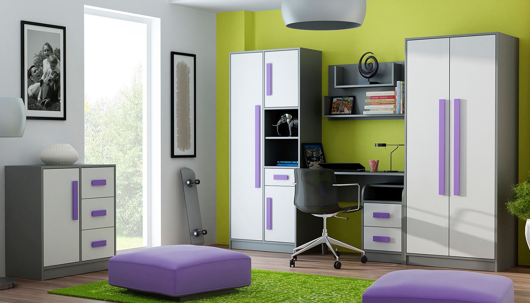 Chambre des jeunes Set A Olaf, 6 pièces, couleur : anthracite / blanc / violet