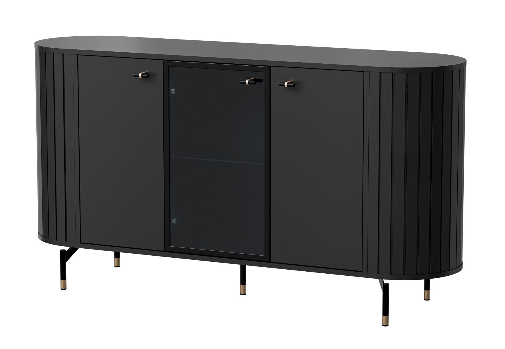 Commode Annelin 11 avec 6 compartiments, 81 x 150 x 40 cm, en noir, système Soft Close, 1 porte en verre, éclairage LED disponible en option sur l'étagère en verre