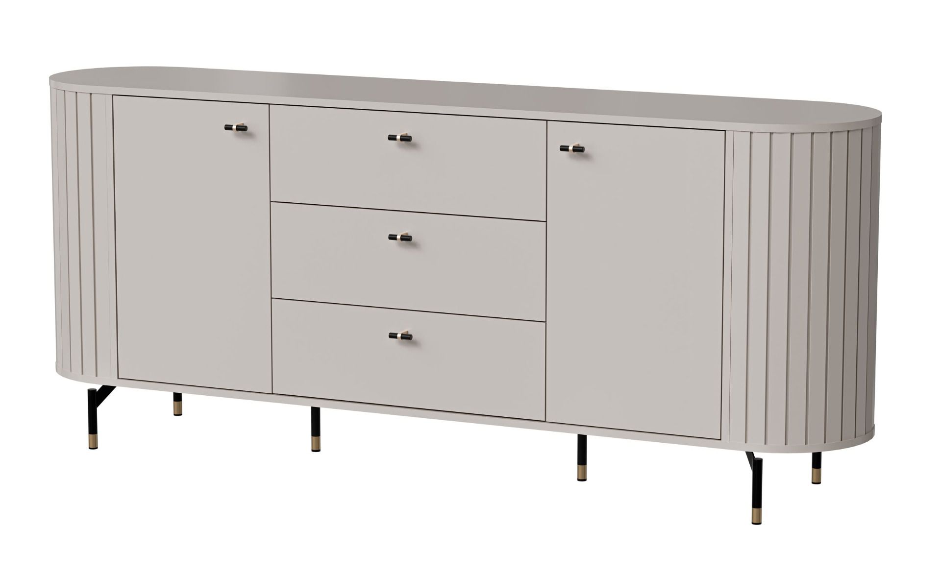 Commode / Sideboard Annelin 04 avec 3 tiroirs, en cachemire, poignées et pieds en métal doré noir, 81 x 190 x 40 cm, Soft Closing System, 4 compartiments