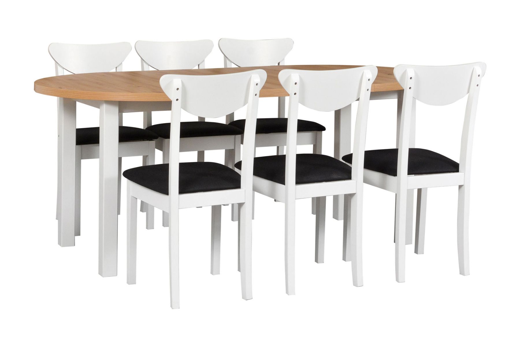 Salle à manger - Set O, 7 - pièces, table en bois extensible en blanc/chêne, 6 chaises en bois blanc avec rembourrage confortable en noir, bois robuste