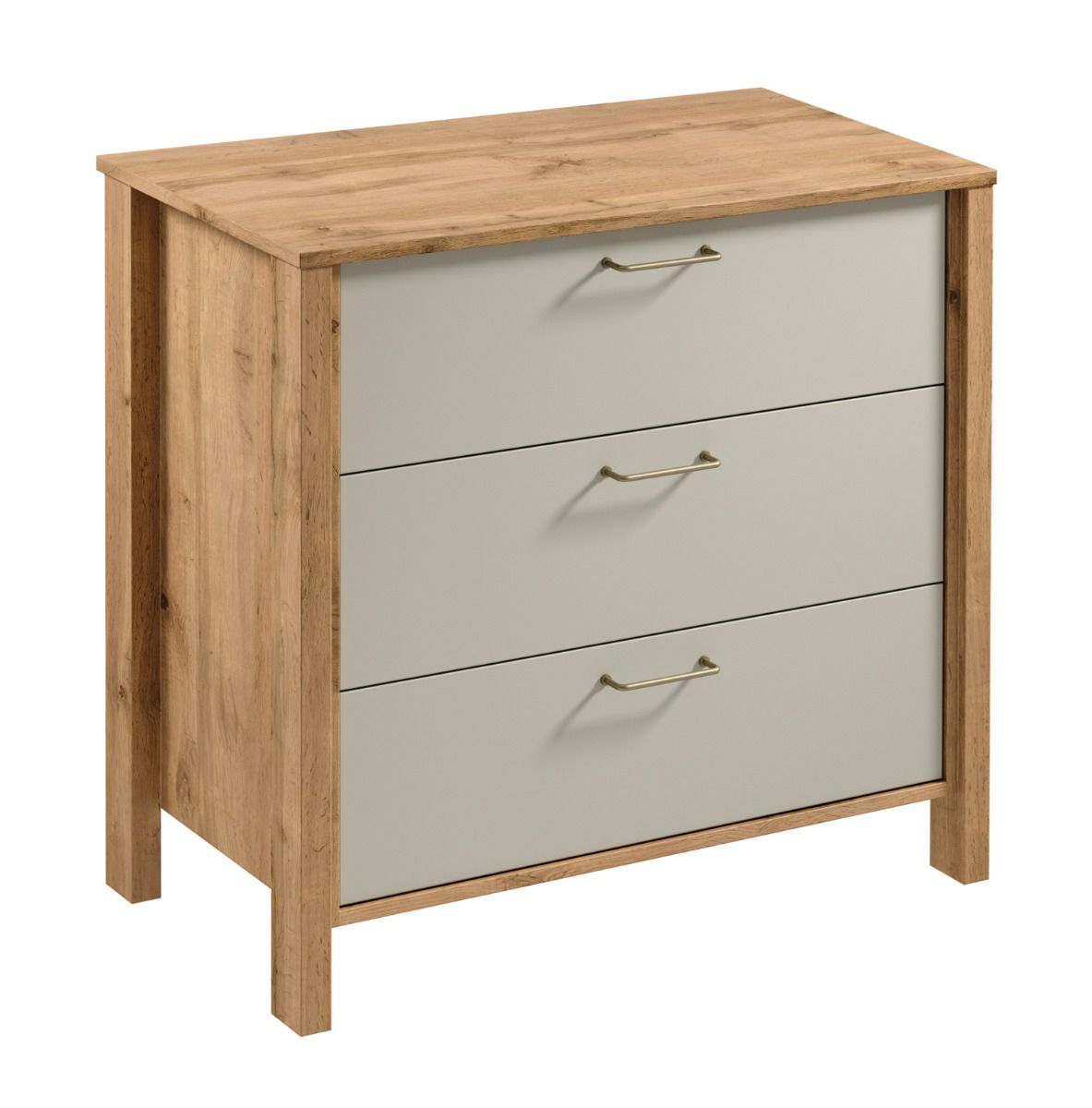 Commode Braianik 03 avec ABS, 81 x 90 x 47 cm, 3 tiroirs pratiques, pour le salon et la chambre à coucher, pieds : 36 mm d'épaisseur, Couleur : Chêne wotan / Beige