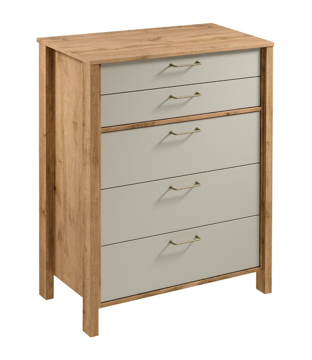 Commode haute Braianik 04 en Chêne Wotan / Beige, 109 x 90 x 47 cm, chambre à coucher, salon, bureau, 5 tiroirs, poignées en métal, protection des bandes de chant ABS