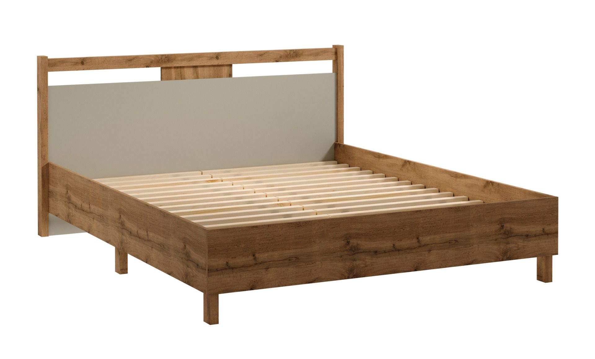 Lit double Braianik 06 en Chêne Wotan / Beige, Surface de couchage : 160 x 200 cm, sommier à lattes inclus, 92 x 171 x 207 cm, adapté à la chambre à coucher, pieds de 36 mm d'épaisseur