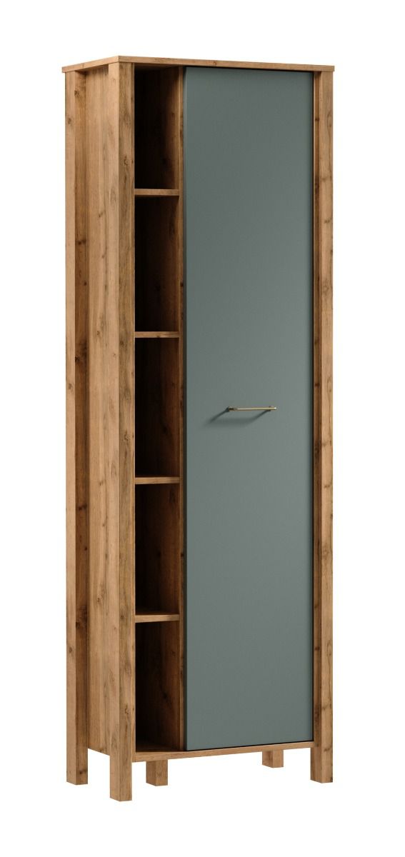 Armoire Braianik 25 avec 5 compartiments ouverts, 1 porte, 5 compartiments, 8 étagères, 200 x 66 x 37 cm, Chêne Wotan / Vert, salon, vestibule, bureau, ABS