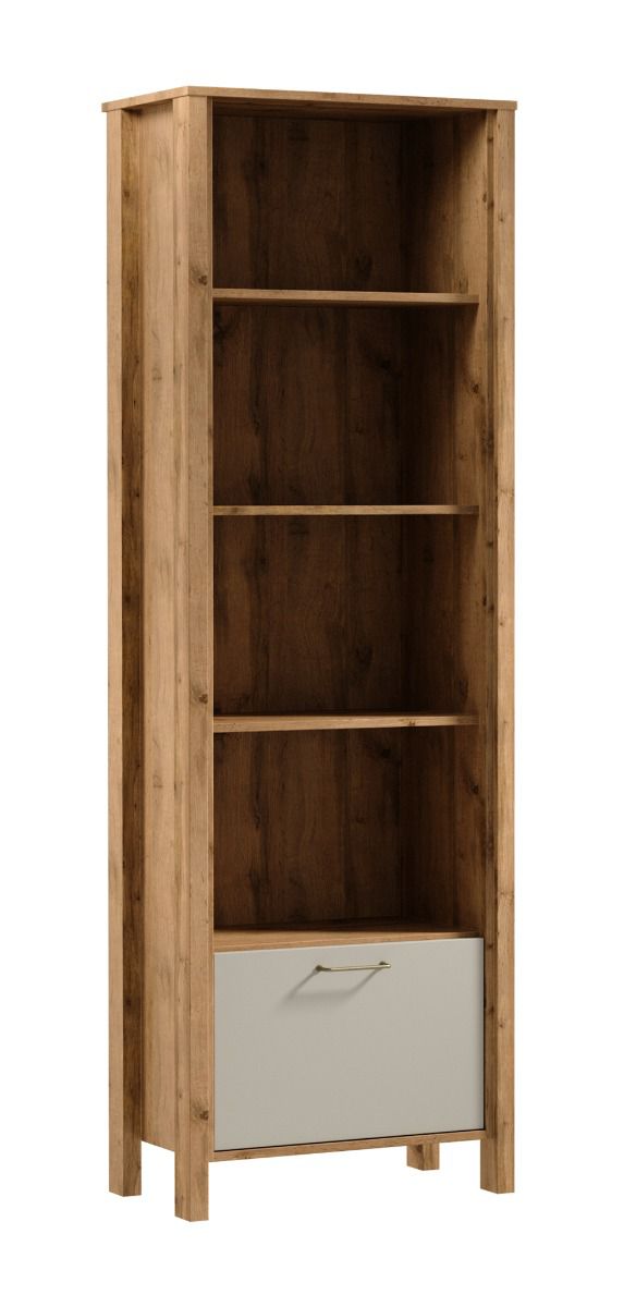 Armoire Braianik 11 en Chêne Wotan / Beige, pieds : 36 mm d'épaisseur, poignée en métal, 4 compartiments ouverts, 1 compartiment à bascule, poignée en métal, 200 x 66 x 37 cm, ABS